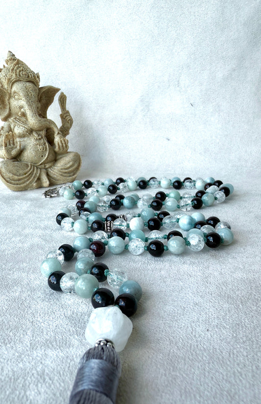 Samdea Mala aquamarine, garnet and clear quartz 108 prayer beads with milky quartz meru
