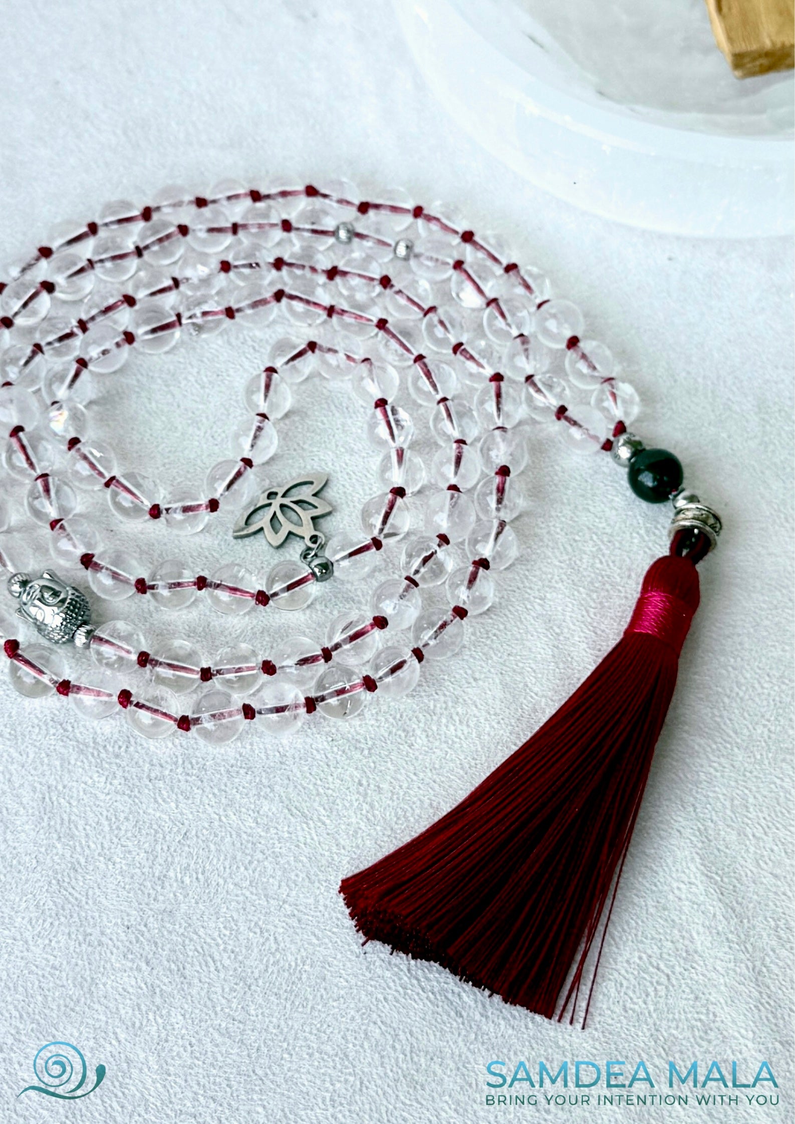 Samdea Mala in clear quartz mala beads for meditation and mantra recitation On mani Pamde Hum. Mala for meditation with 108 prayer beads, Spiritual gift.