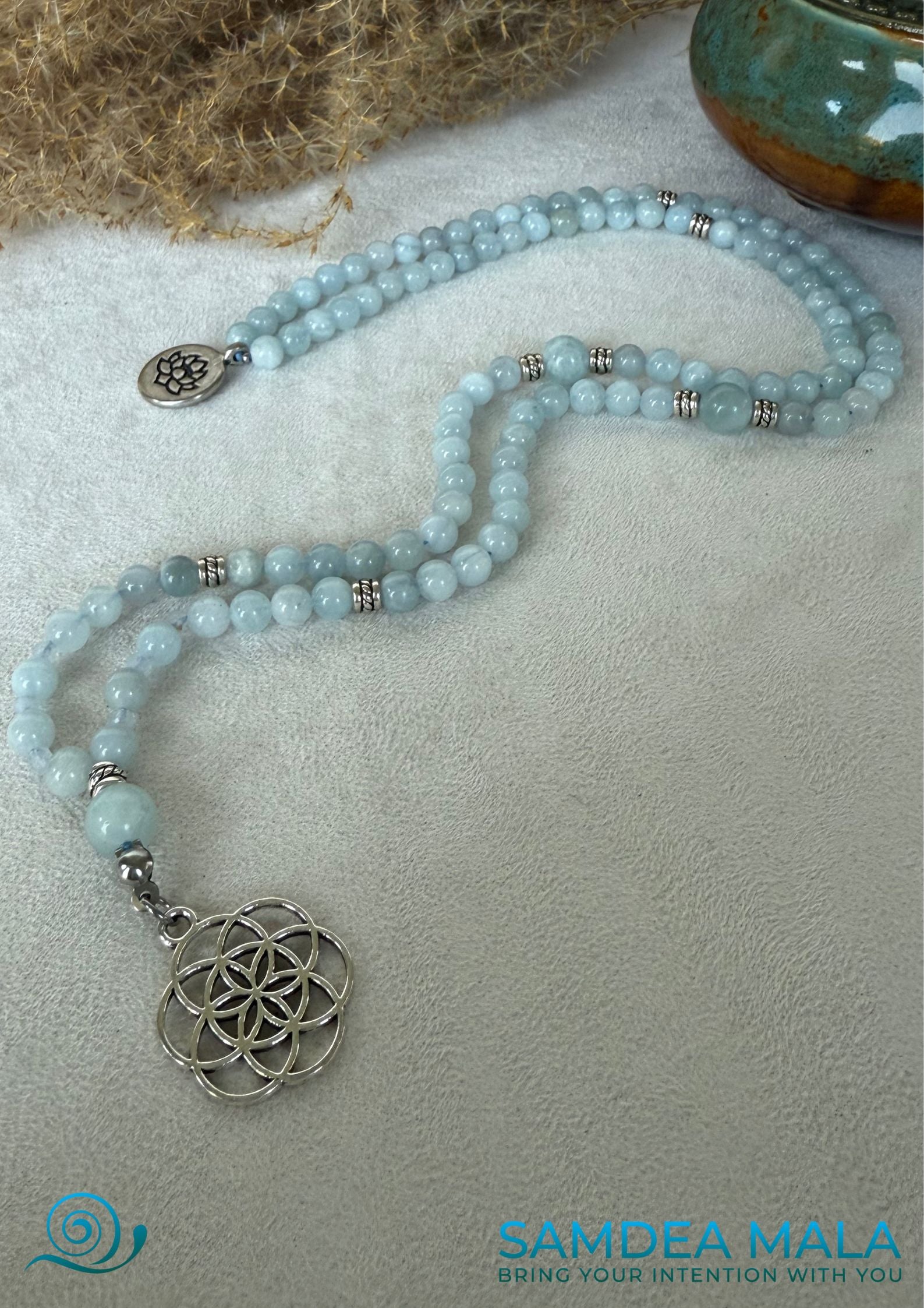 Samdea Mala – mini mala with aquamarine and sacred geometry pendant. Aquamarine mala for clarity and calm communication