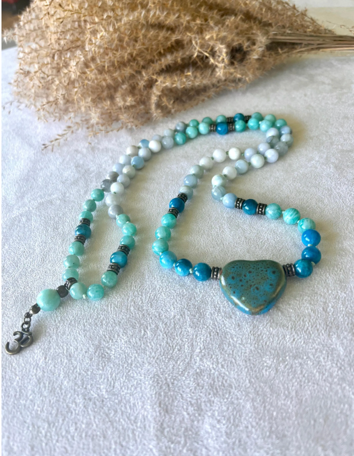 Mala or Short Mala in Apatite, Amazonite, and Aquamarine – Throat Chakra Healing and Compassionate Communication - Samdea Mala