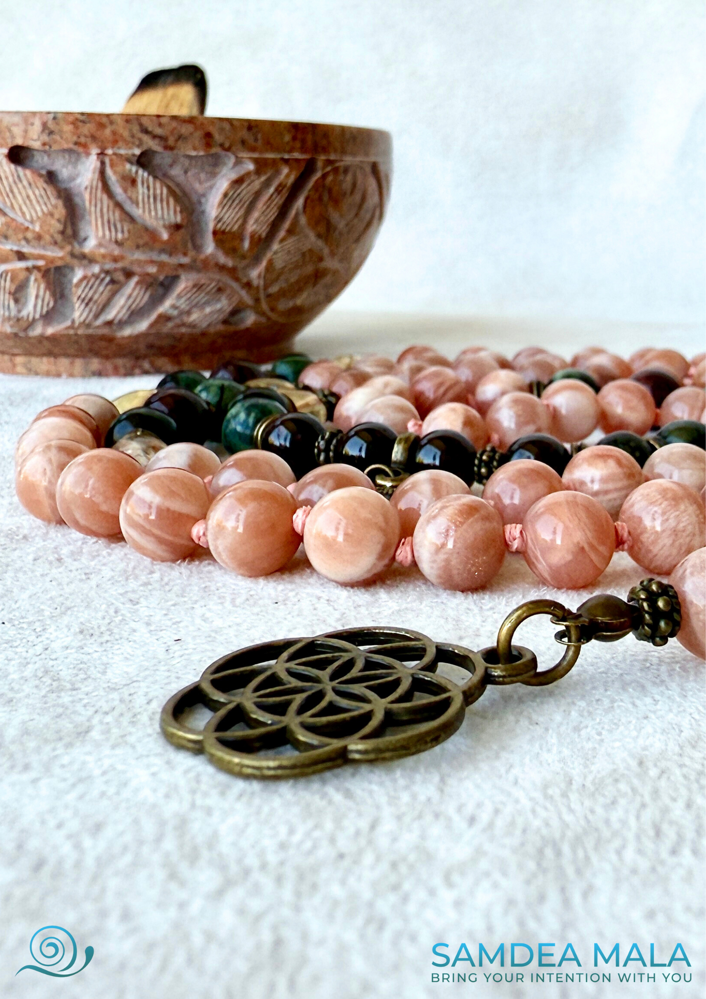 meditation mala, intention necklace, custom mala, energy crystals necklace, spiritual mala, custom mala bracelet, natural gemstones for spiritual grow with seed of life pendant