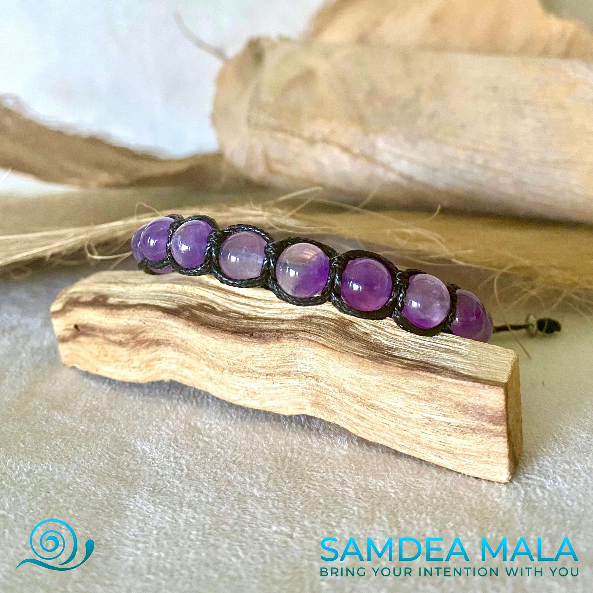 Samdea Mala Amethyst Tibetan bracelet for peace and clarity and inner harmony. Purple spiritual gemstones for meditation and midfulness.