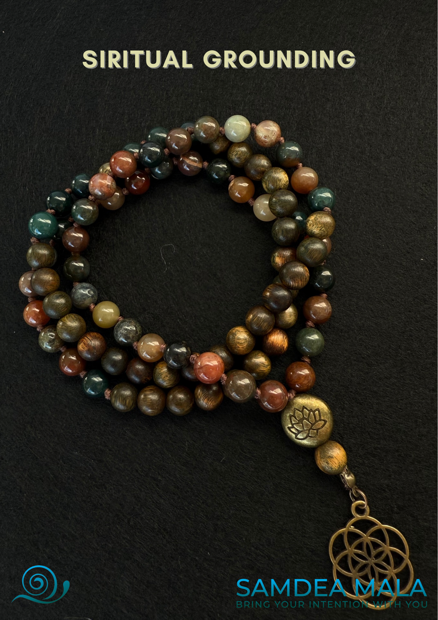 Short Mala in Sandalwood and Indian Agate - intention mala, energy spiritual mala, natural gemstones  necklace - Samdea Mala