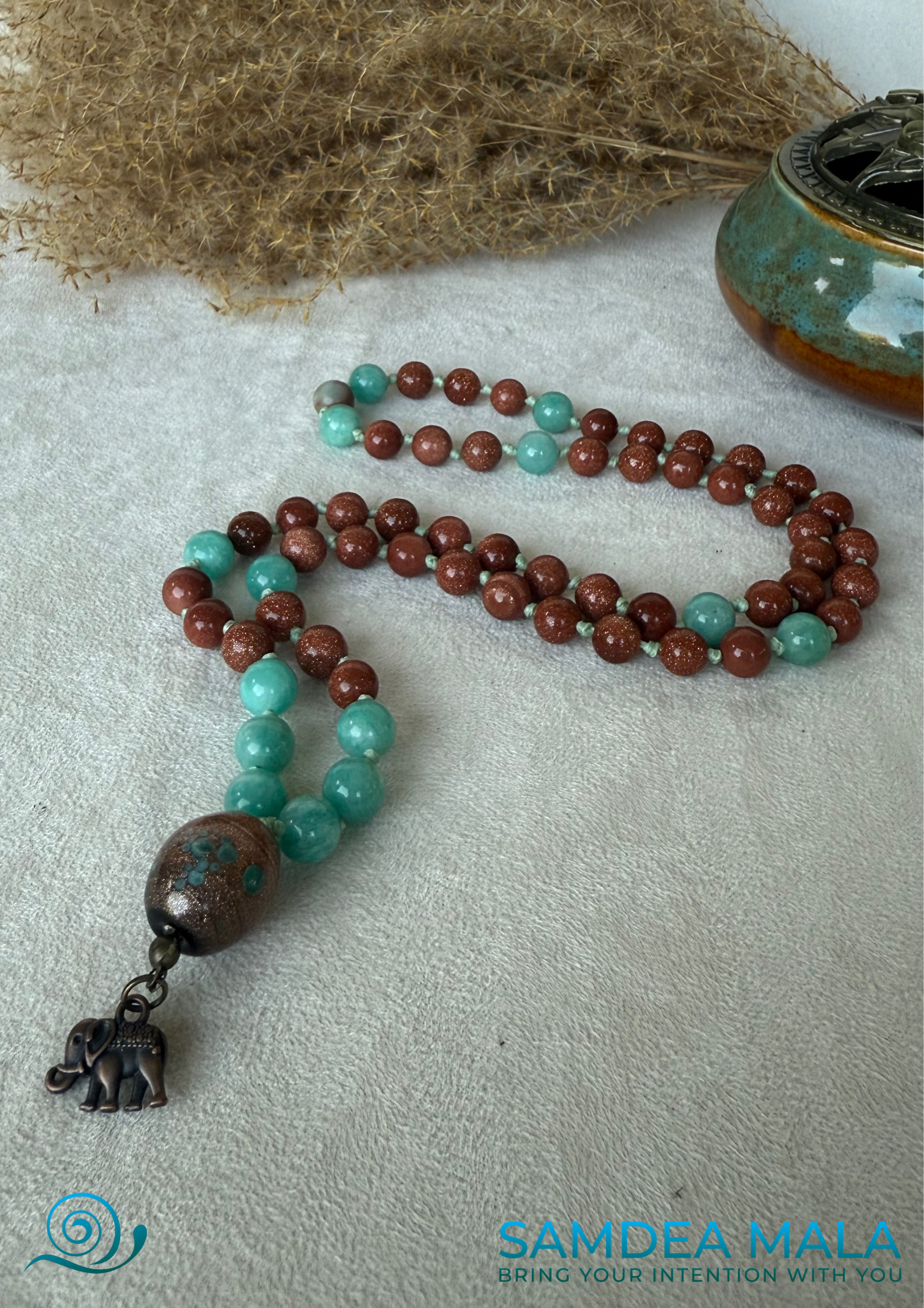 Mala prayer beads with joyful and calming properties for mindfulness and meditation. Short mala jewelry for daily meditation and intention. Wrist-wearable mala with protective elephant charm.  Mala for meditation, Mala necklace,  Custom mala beads, 108 prayer beads, Custom mala,