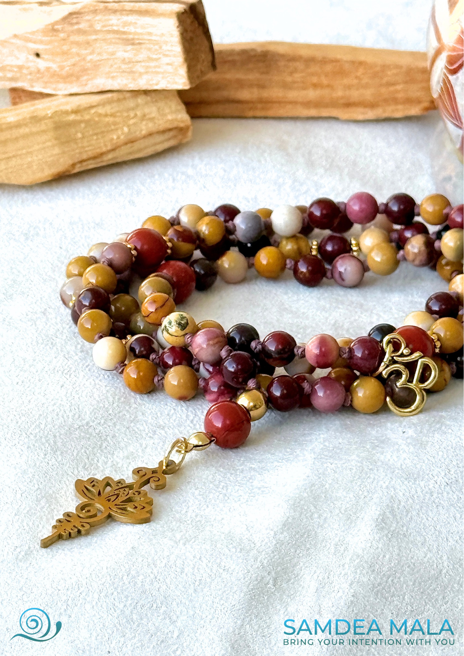 Side view of hand-knotted mala necklace with durable cord and natural gemstones