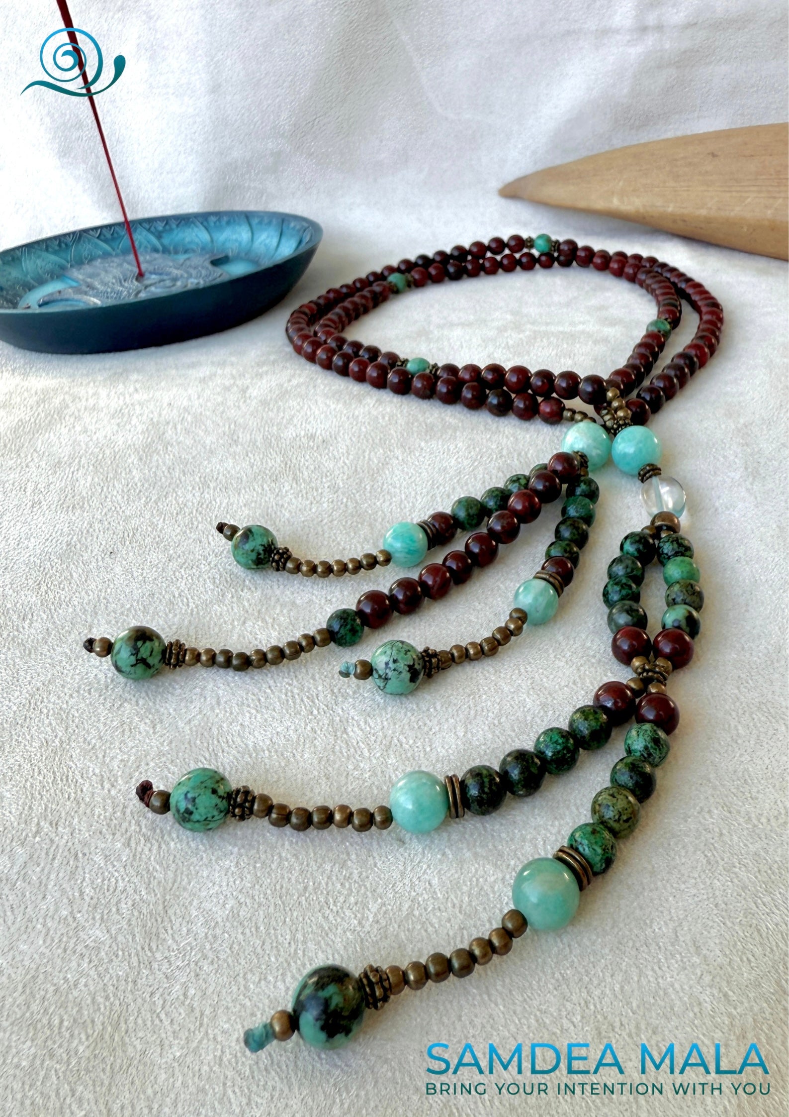 Soka Gakkai Japanese Buddhist juzu, handmade prayer beads for Daimoku chanting and meditation. Nam Myoho Renge Kyo - with red jasper, turquoise jasper, amazonite, and clear quartz. Samdea Mala
