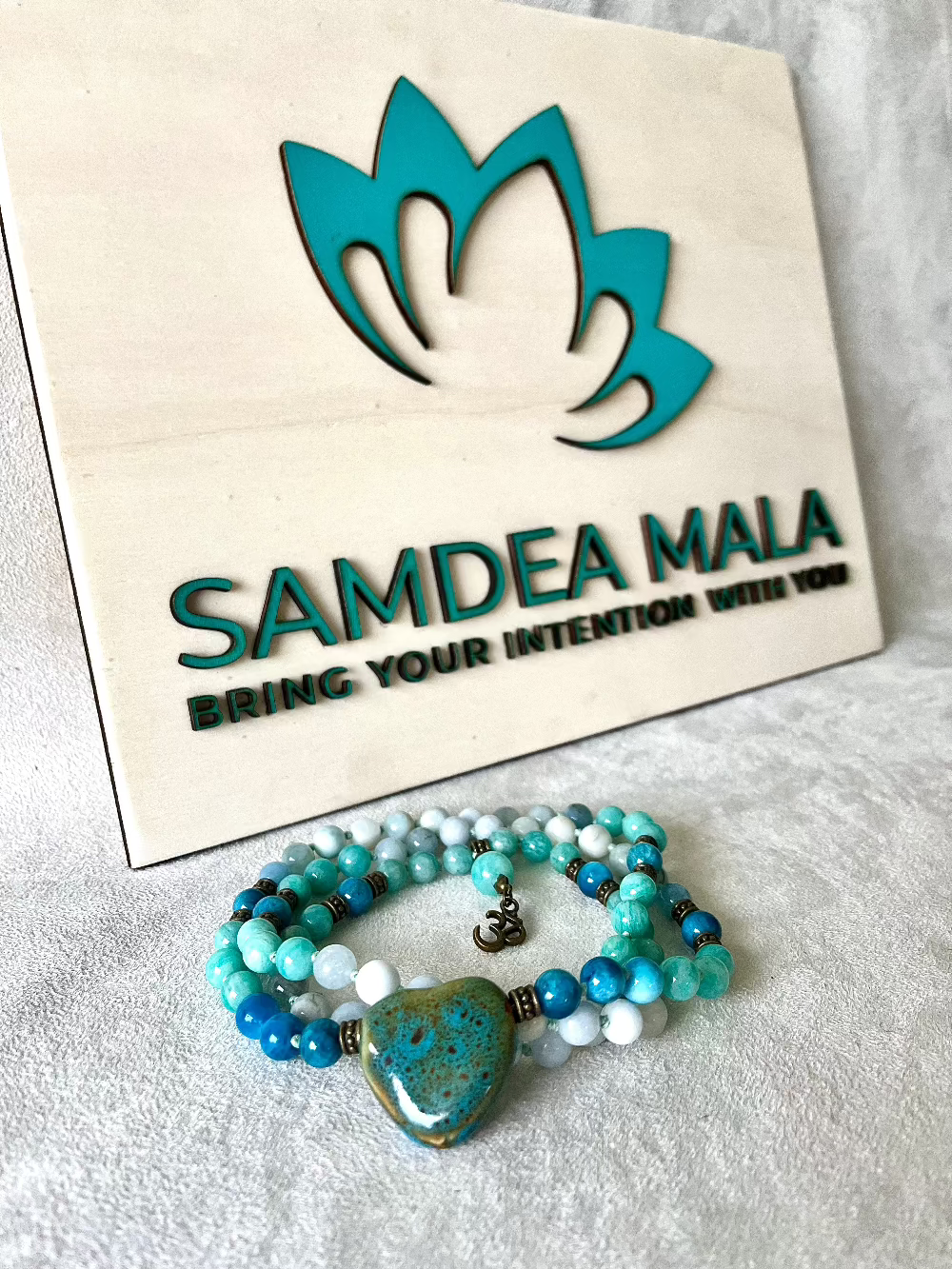 Samdea Mala - Short Mala for communication and inner clarity - apatite, aquamarine and amazonite with heart pendant with om small charm