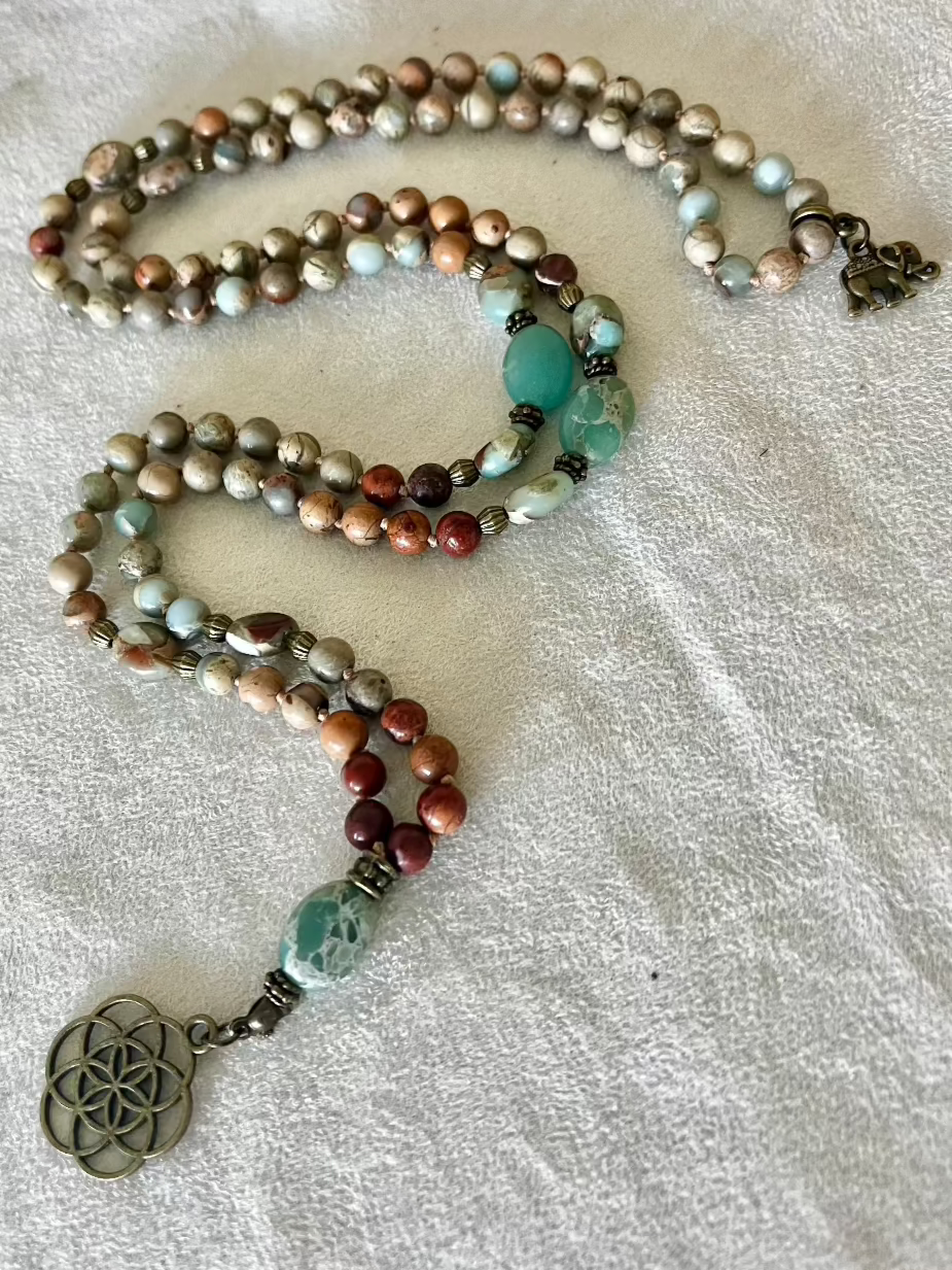 Mini Mala for meditation in Aqua Terra Jasper - Handmade 108 bead Aqua Terra Jasper mala