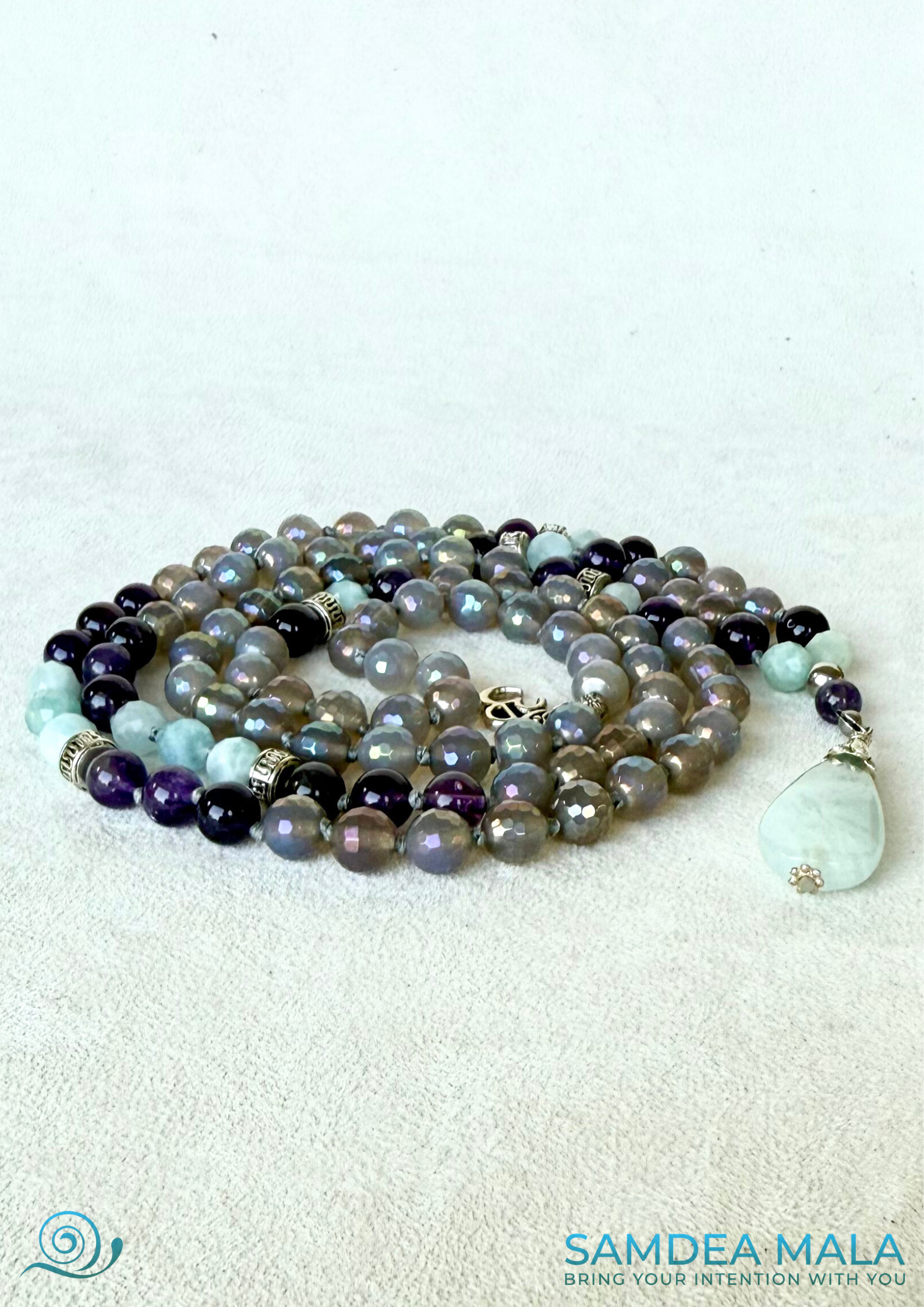 Spiritual mala beads necklace for meditation and inner peace, custom mala beads for meditation and mindfulness, tibetan prayer beads in agate, amethyst and aquamarine with small OM charm.