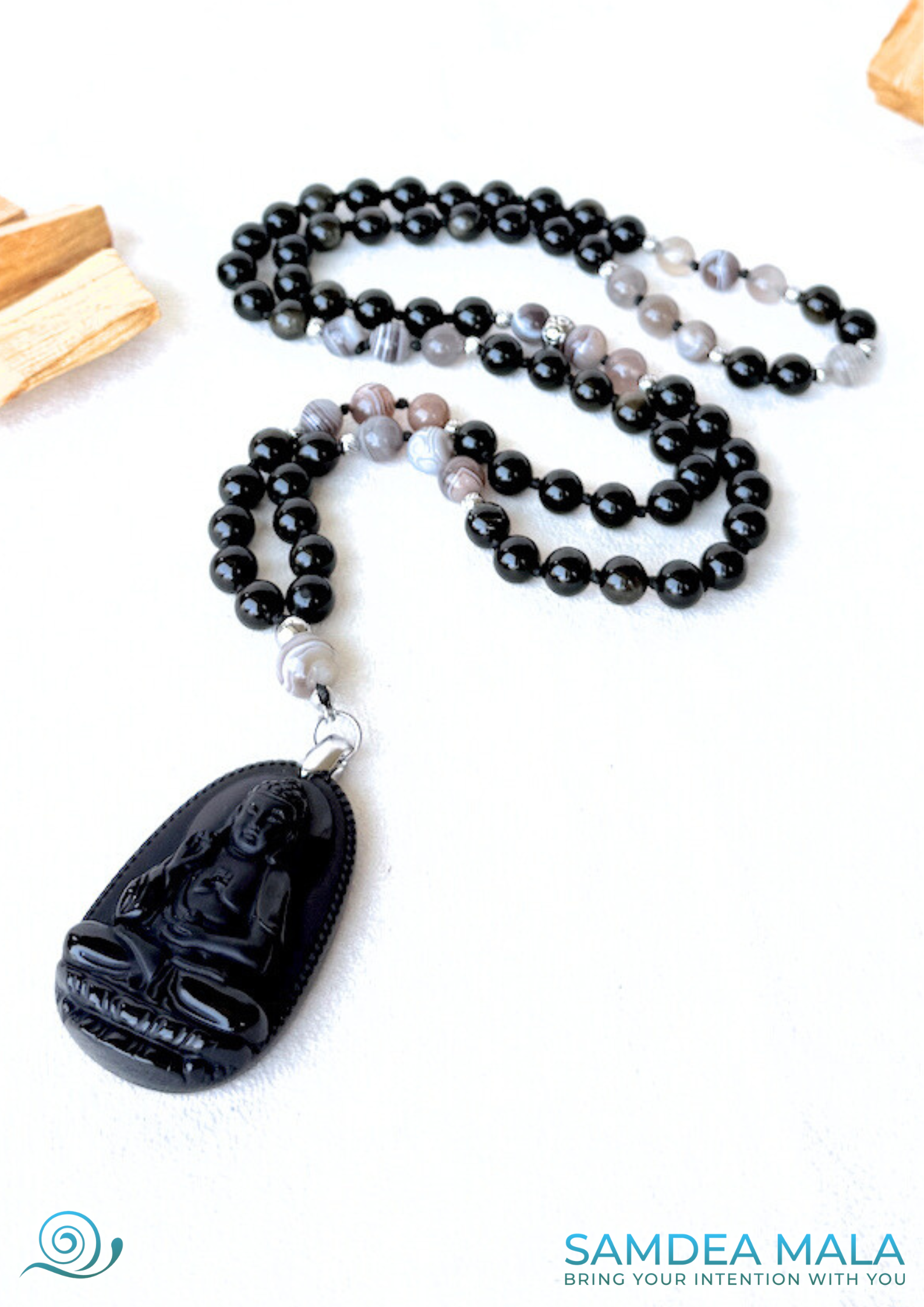 Spiritual mala necklace for grounding, balance, and mindfulness practice with Buddha pendant