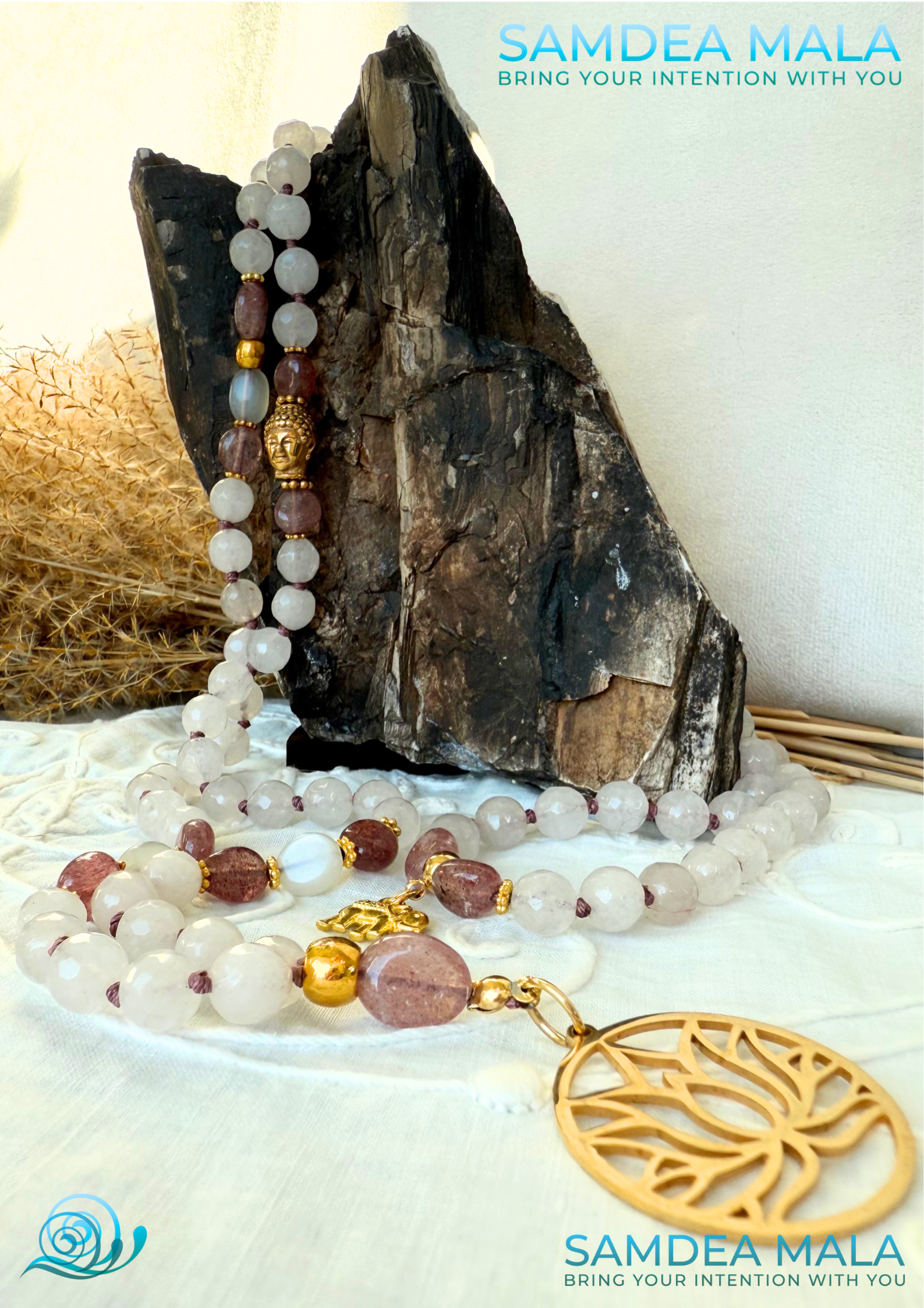 Spiritual mala necklace for women, hand-knotted with love and finished with a lotus flower charm, a Buddha and a small elephant charm