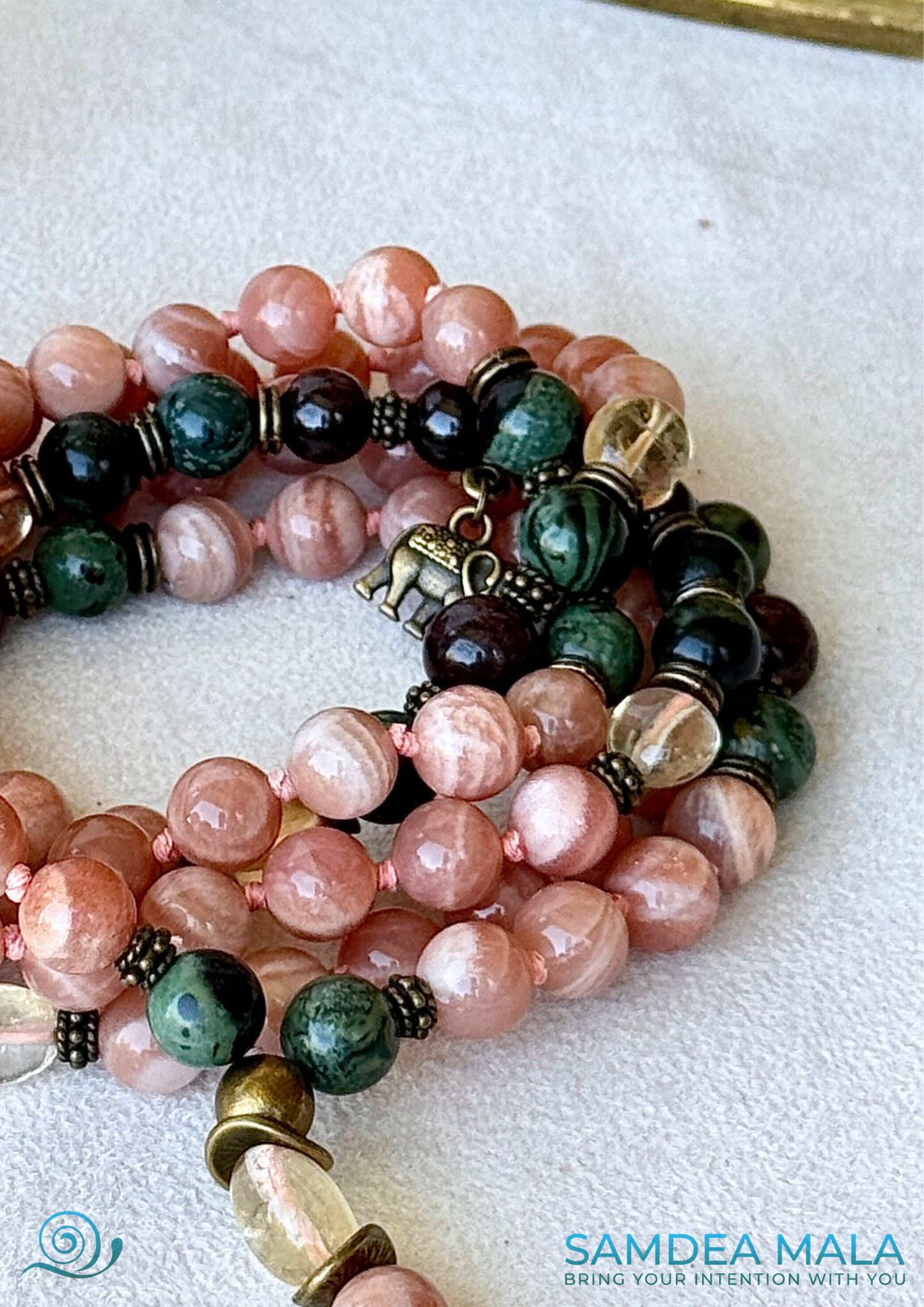 Sun Mala with Sunstone, Citrine, Garnet, and Jasper with seed of life pendant, for energy and light in your spiritual journey of mindfullness and meditation, close-up