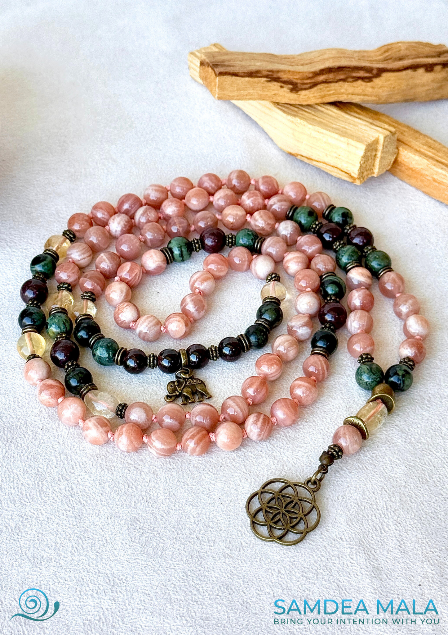 Sun Mala -sunstone, citrine quarttz, garnet and jasper, meditation mala, intention 108 necklace, custom mala, energy crystals necklace, spiritual mala, custom mala bracelet, natural gemstones for spiritual grow with seed of life pendant