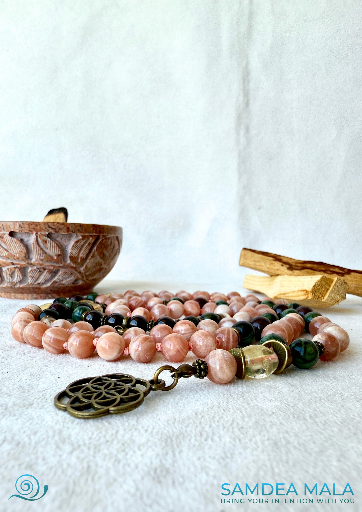 Sun Mala -sunstone, citrine quarttz, garnet and jasper, meditation mala, intention 108 necklace, custom mala, energy crystals necklace, spiritual mala, custom mala bracelet, natural gemstones for spiritual grow with seed of life pendant