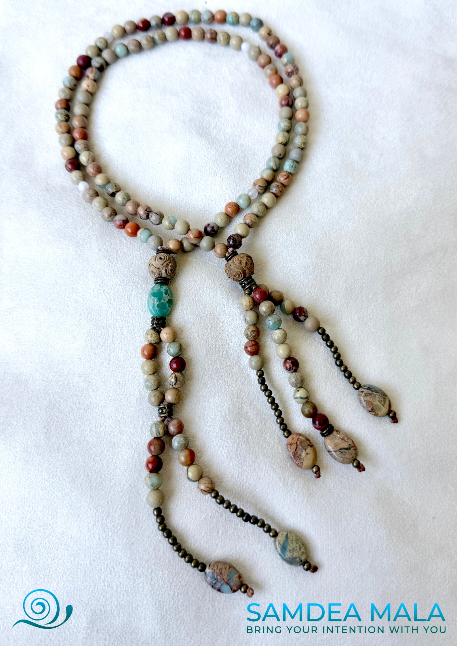 Traditional Nichiren Juzu – Nichiren Buddhist Prayer Beads with Jasper, White Jade & Vintage Rosewood. Handmade Juzu Custom Juzu necklace.