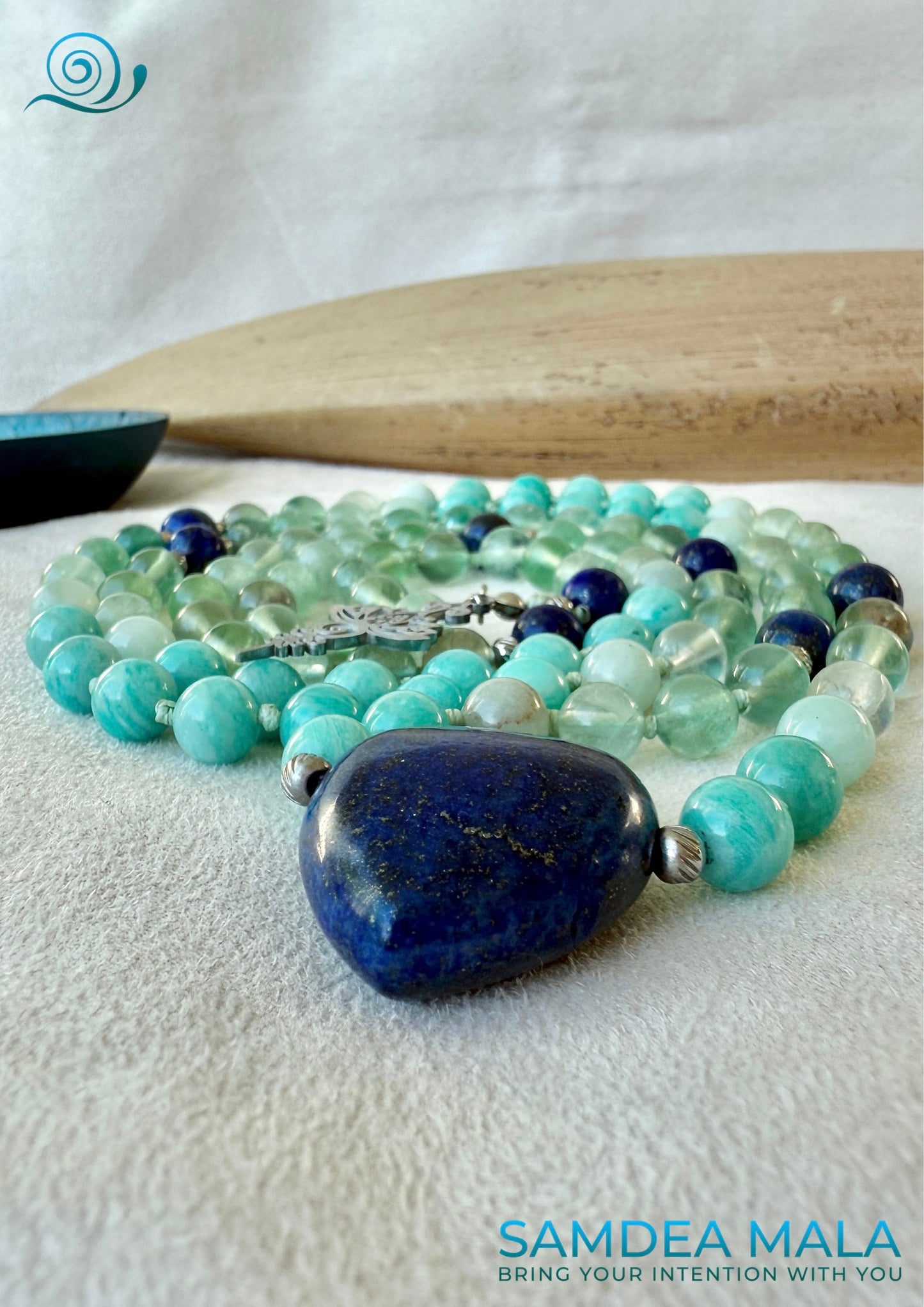 Elegant handmade mala with calming amazonite and fluorite beads and lapis lazuli heart. Virgo mala beads