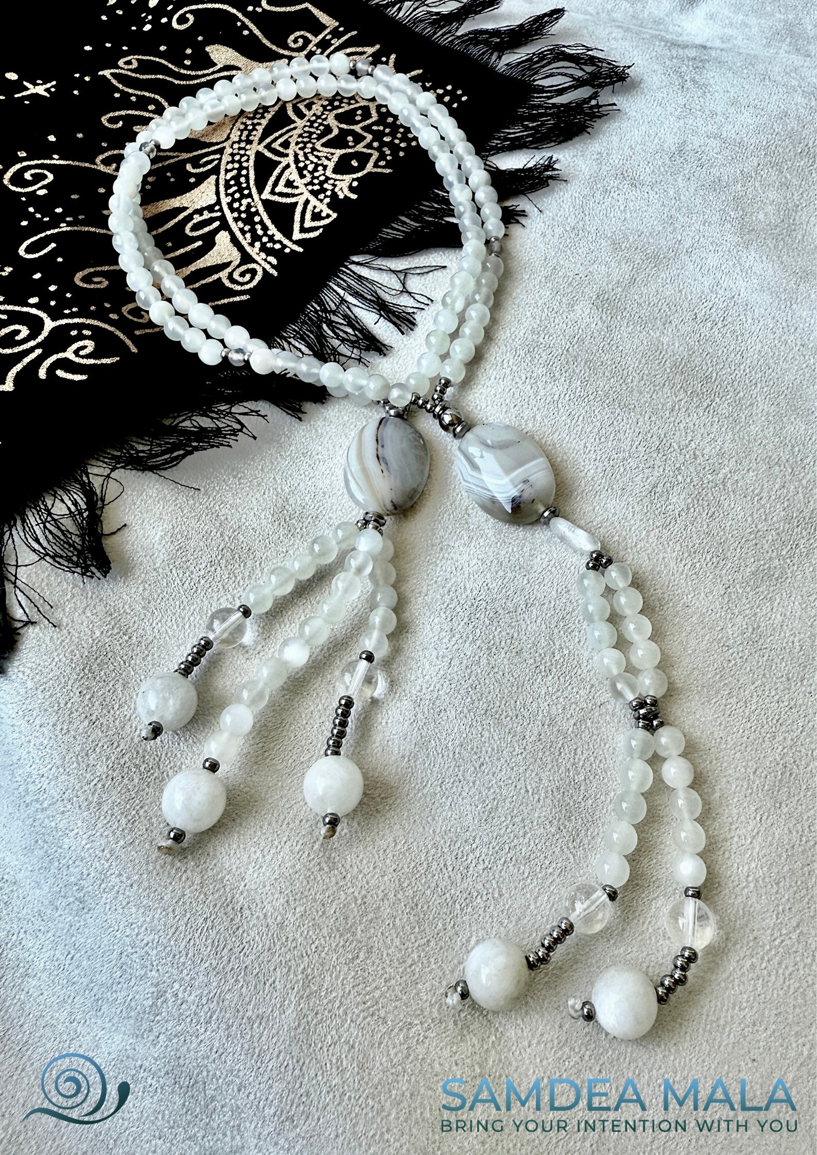 White Moonstone Buddhist Juzu handmade with natural stones for clarity and protection, traditional juzu Nichiren Buddhism