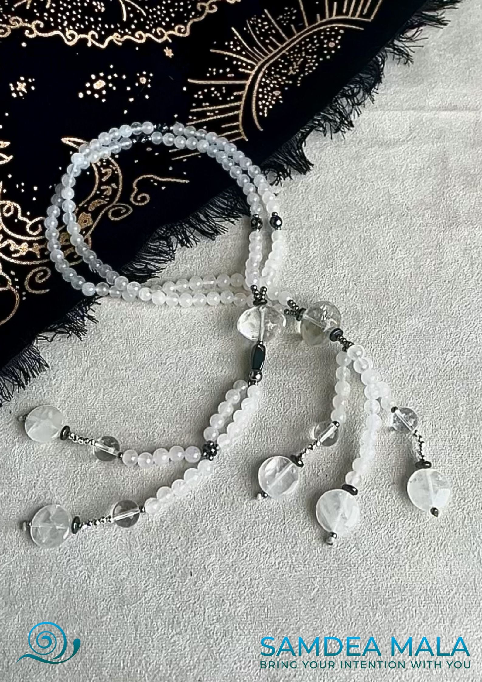 Samdea Mala White Juzu with white jade and quartz. Nichiren Buddhist spiritual prayer beads handmade with care.