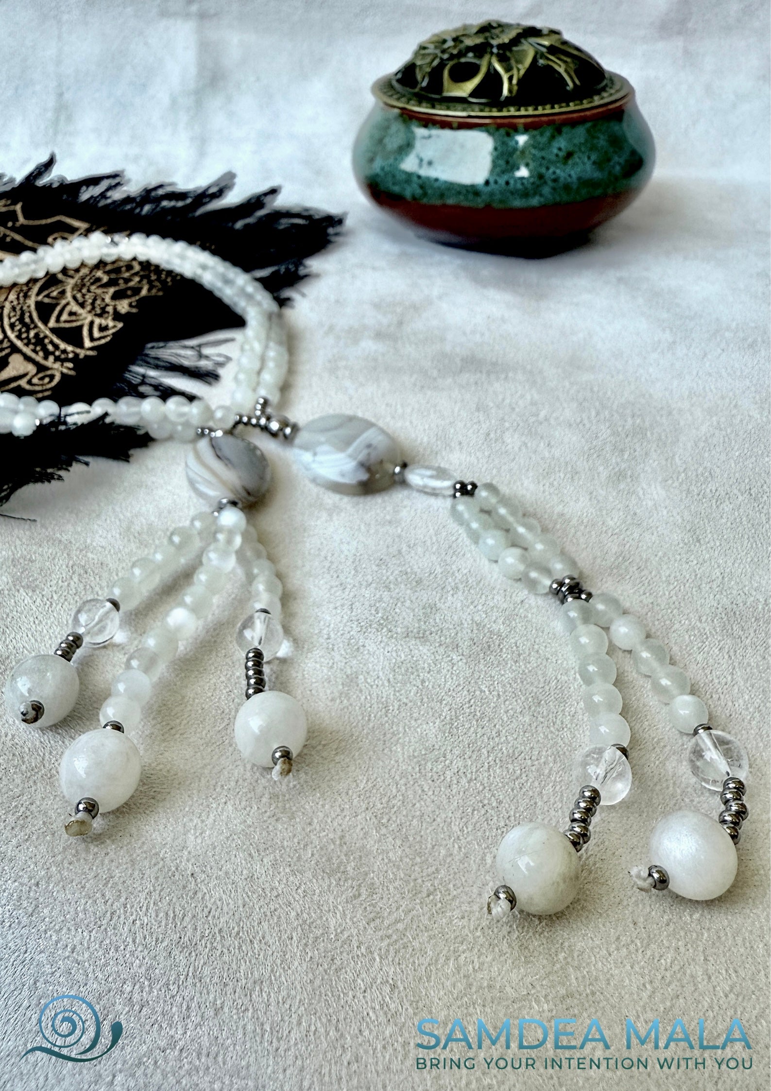 White Moonstone Juzu – Japanese Buddhist Prayer Beads for Clarity, Protection & Spiritual Grace, Samdea mala Juzu handmade Nichiren Buddhist beads in soft natural stones.