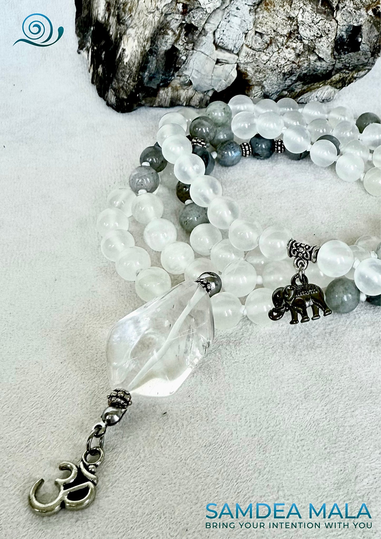 Close-up of Mala for meditation in selenite, Mala necklace with om pendant, Custom mala beads for clarity, 108 prayer beads, Spiritual gift for protection, Labradorite for success. Samdea Mala