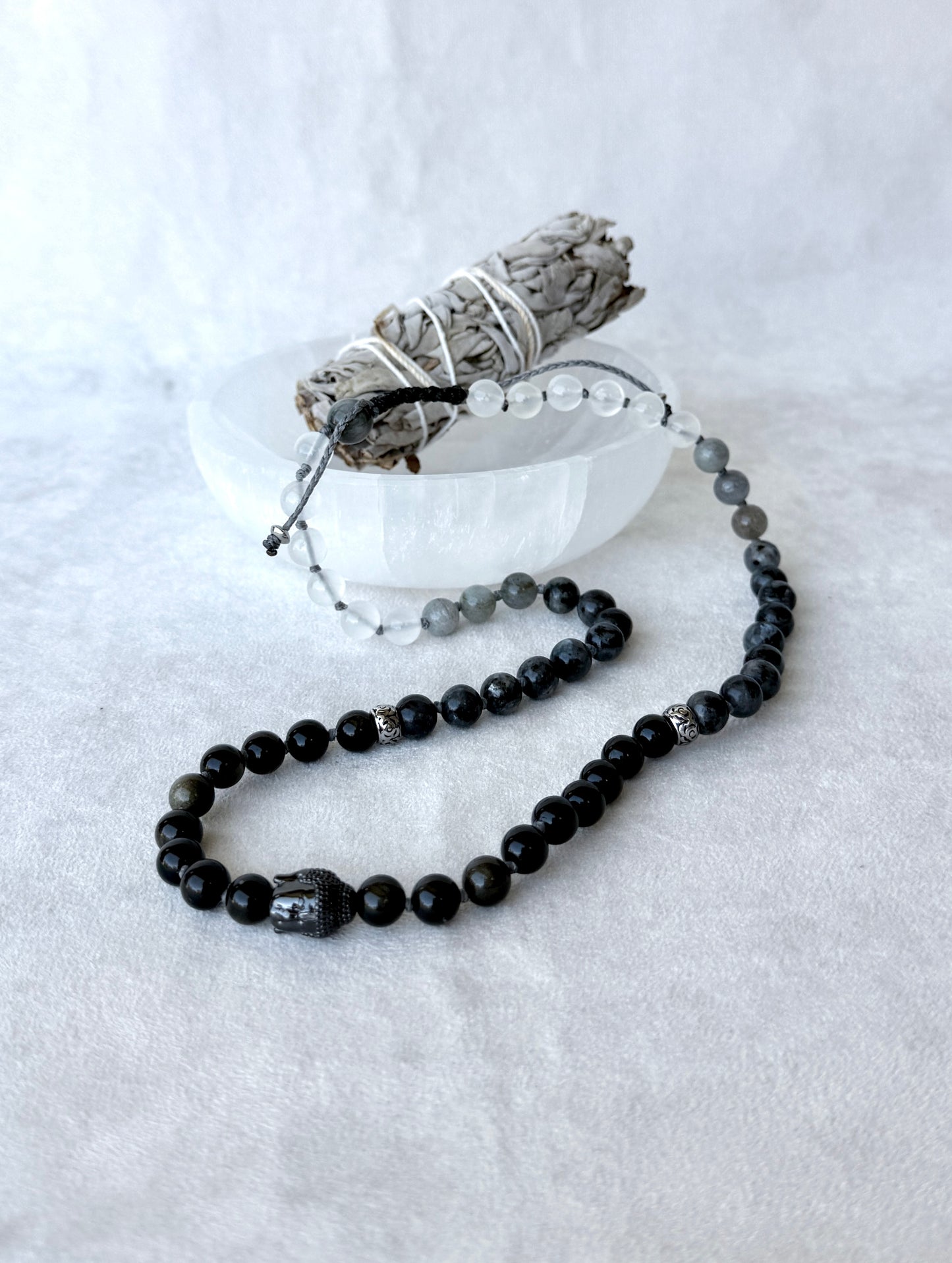 Wrap mala bracelet for man – Multi-round spiritual bracelet with Buddha charm | Half mala in Obsidian, Labradorite & Selenite + Hawk's Eye | Hand knotted mala beads by Samdea Mala