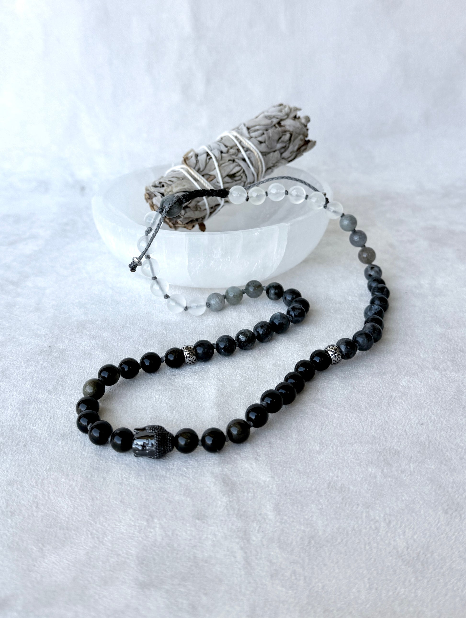 Wrap mala bracelet for man – Multi-round spiritual bracelet with Buddha charm | Half mala in Obsidian, Labradorite & Selenite + Hawk's Eye | Hand knotted mala beads by Samdea Mala