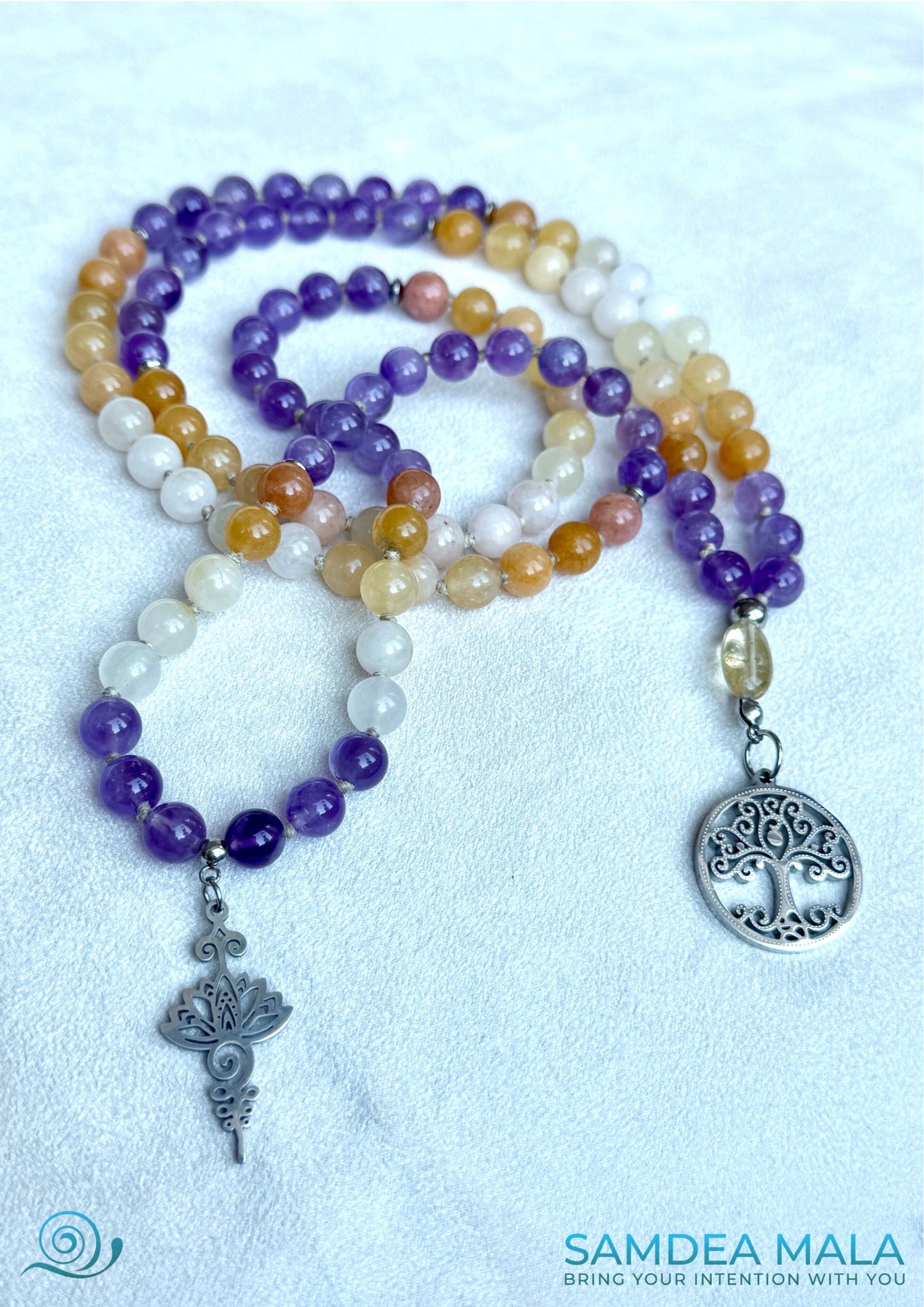Meditation mala with citrine meru, jade for vitality and amethyst for calm, spiritual jewelry - Unalome lotus charm, tree of life pendant