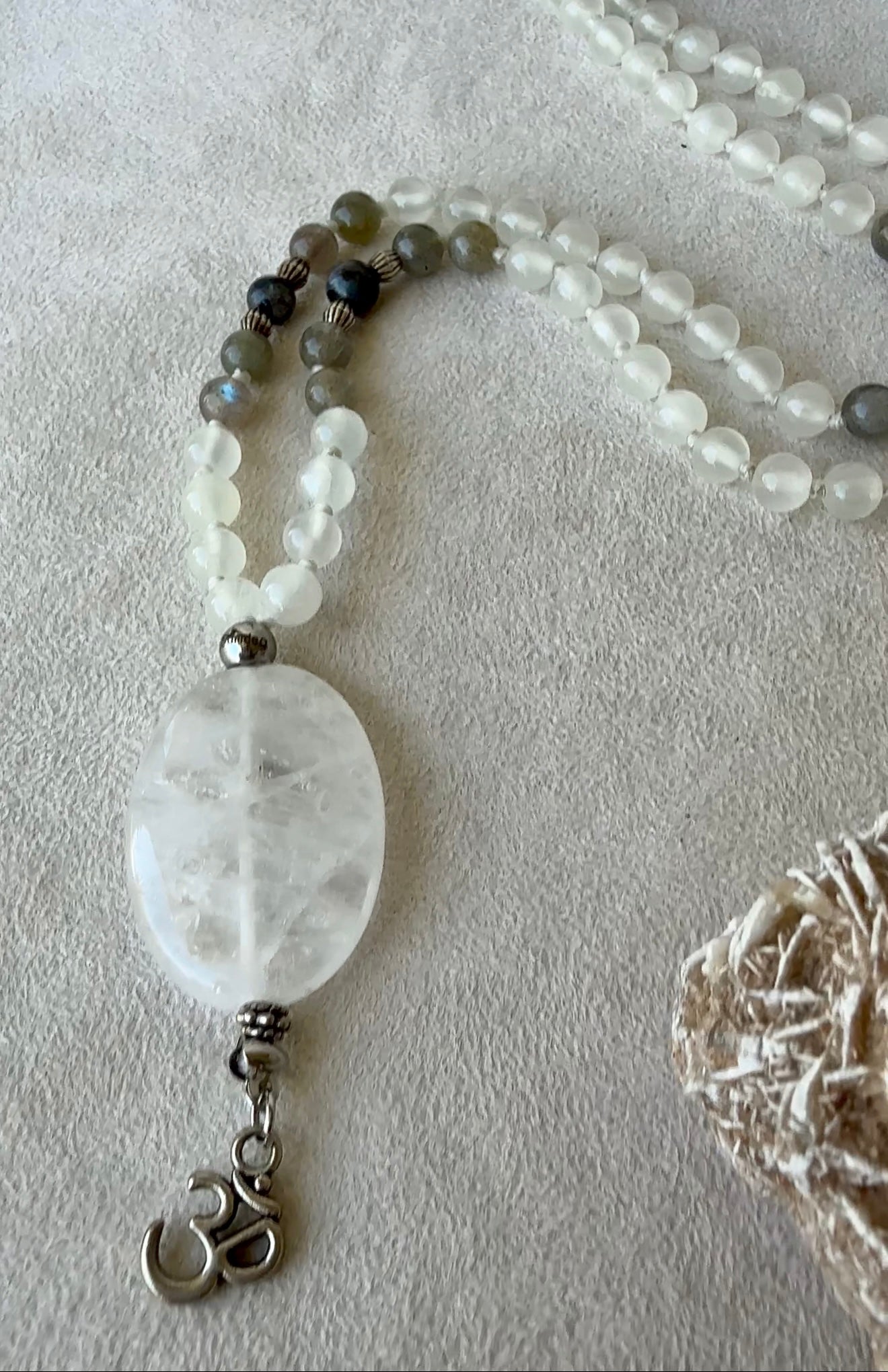 Mala in Selenite, Labradorite and Clear Quartz - 108 prayer beads mala necklace. Custom Mala for Meditation and protection with small om charm.