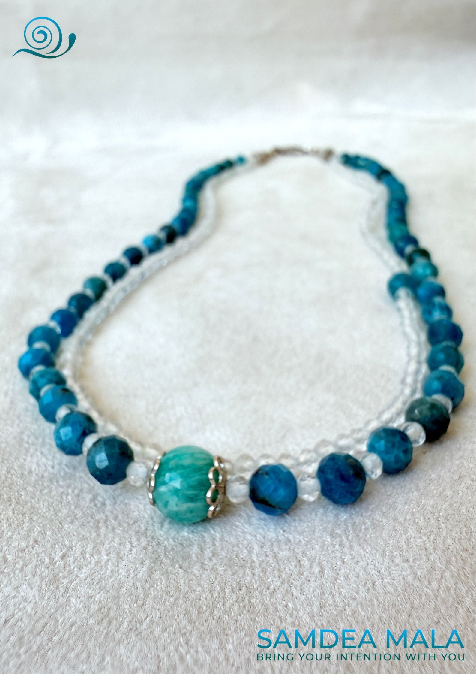 Samdea Mala double strand gemstone choker in apatite, amazonite and quartz with sterling silver clasp