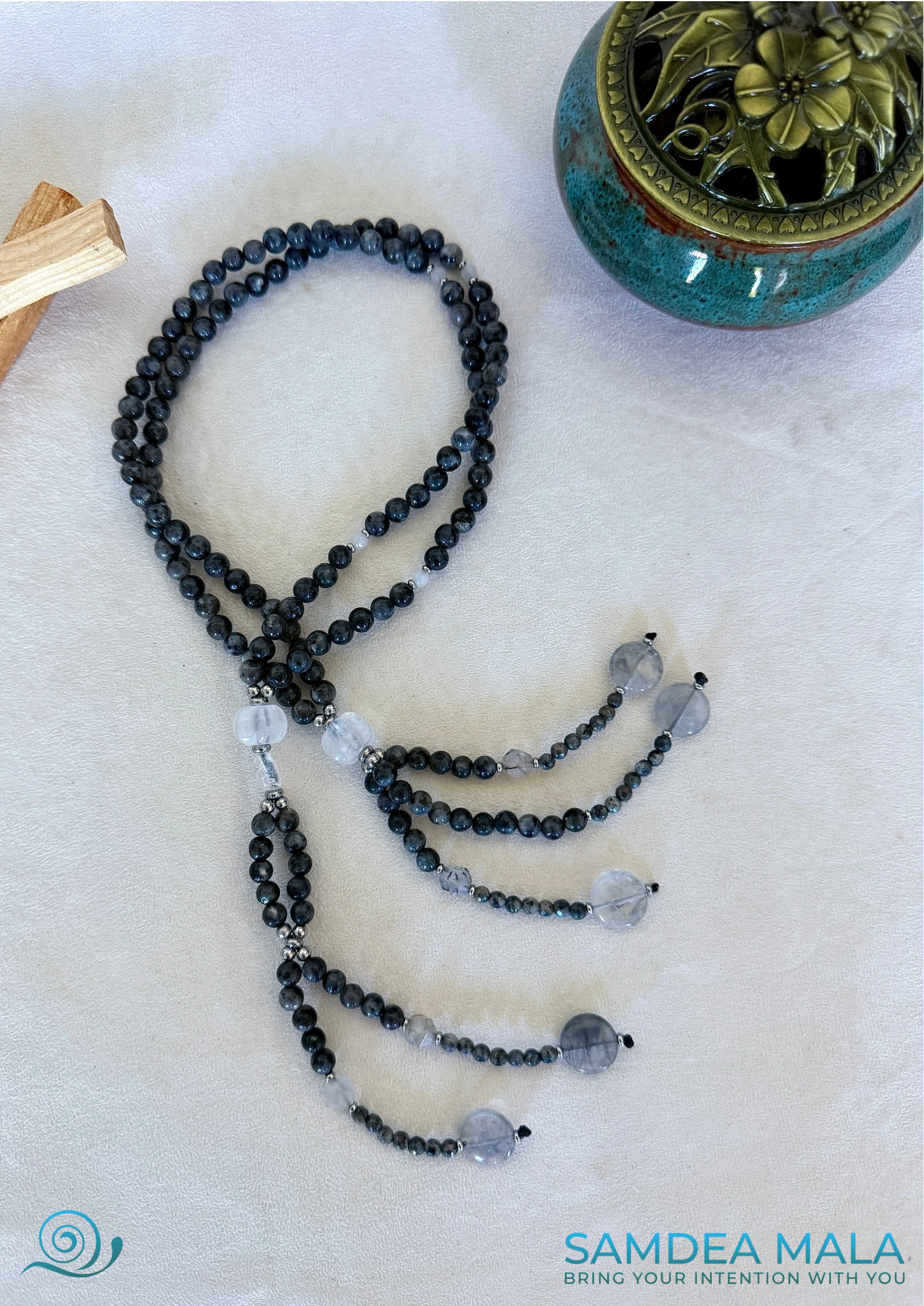 Clear quartz focus beads amplifying intention on handcrafted Buddhist juzu