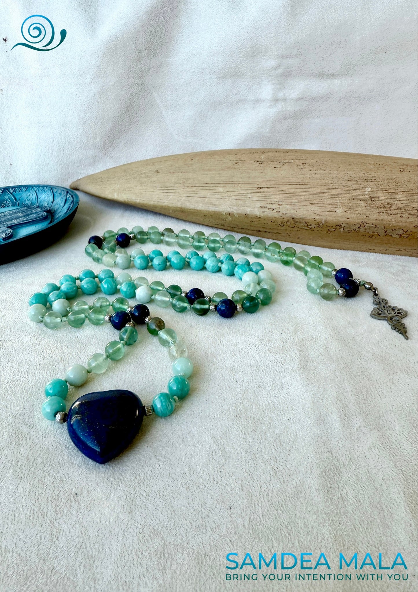 Virgo mala beads: Elegant handmade mala with calming amazonite and fluorite beads and lapis lazuli heart.