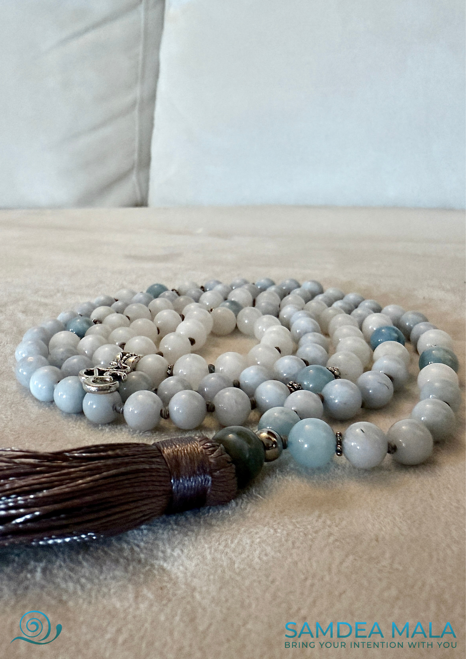 108 Mala beads for meditation in Aquamarine and White Jade with Tassel for peace and presence