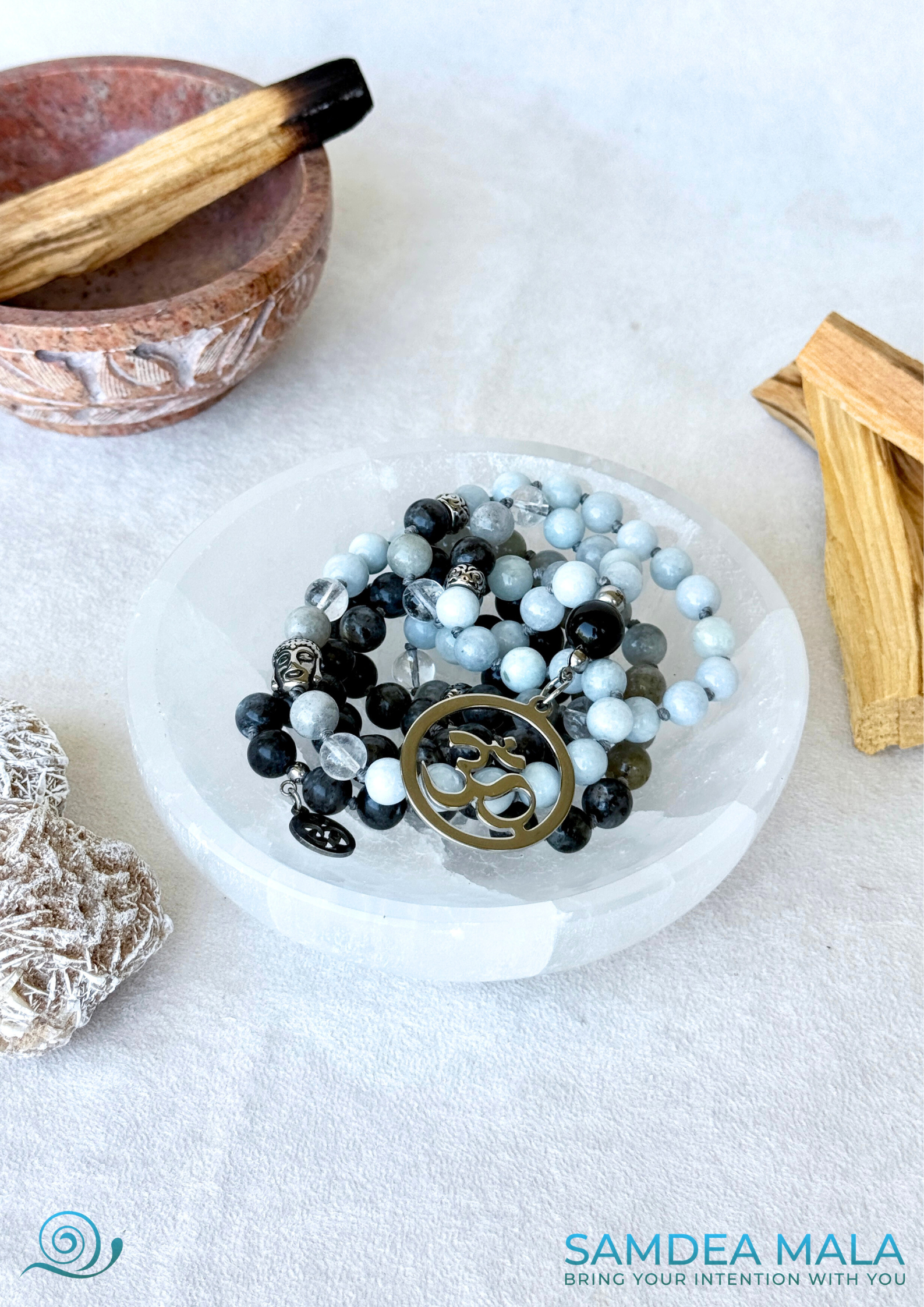 Mala for meditation for Creativity and Vision – Aquamarine and Labradorite | 108 sacred beads - om pendant - mala necklace for Aquarius zodiac sign