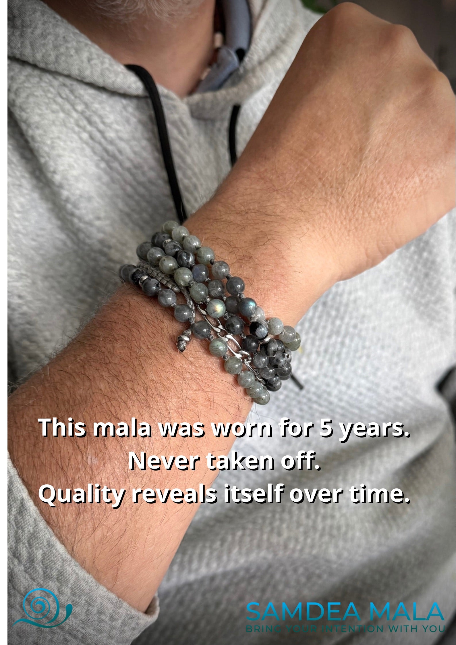 Samdea Mala multi round bracelet in labradorite – Mala for meditation, Mala necklace,  Custom mala beads, 108 prayer beads, Custom mala, handmade spiritual jewelry with grey-blue natural stones. A meditation mala bracelet for intuition, inner vision, and third eye activation.