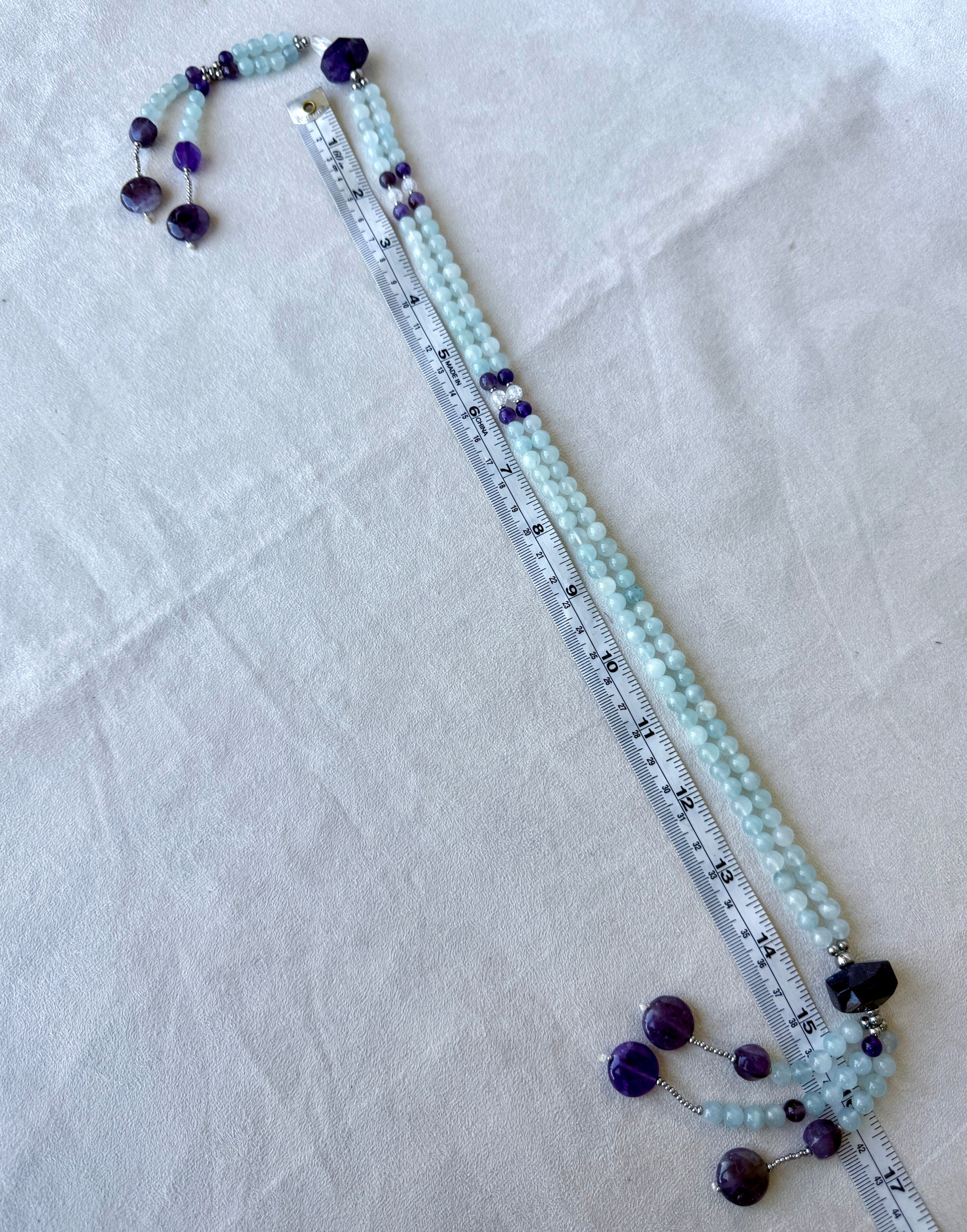 measures of Soka Gakkai Japanese Buddhist juzu, handmade prayer beads for Daimoku chanting and meditation. Nam Myoho Renge Kyo - with amethyst and aquamarine. Samdea Mala