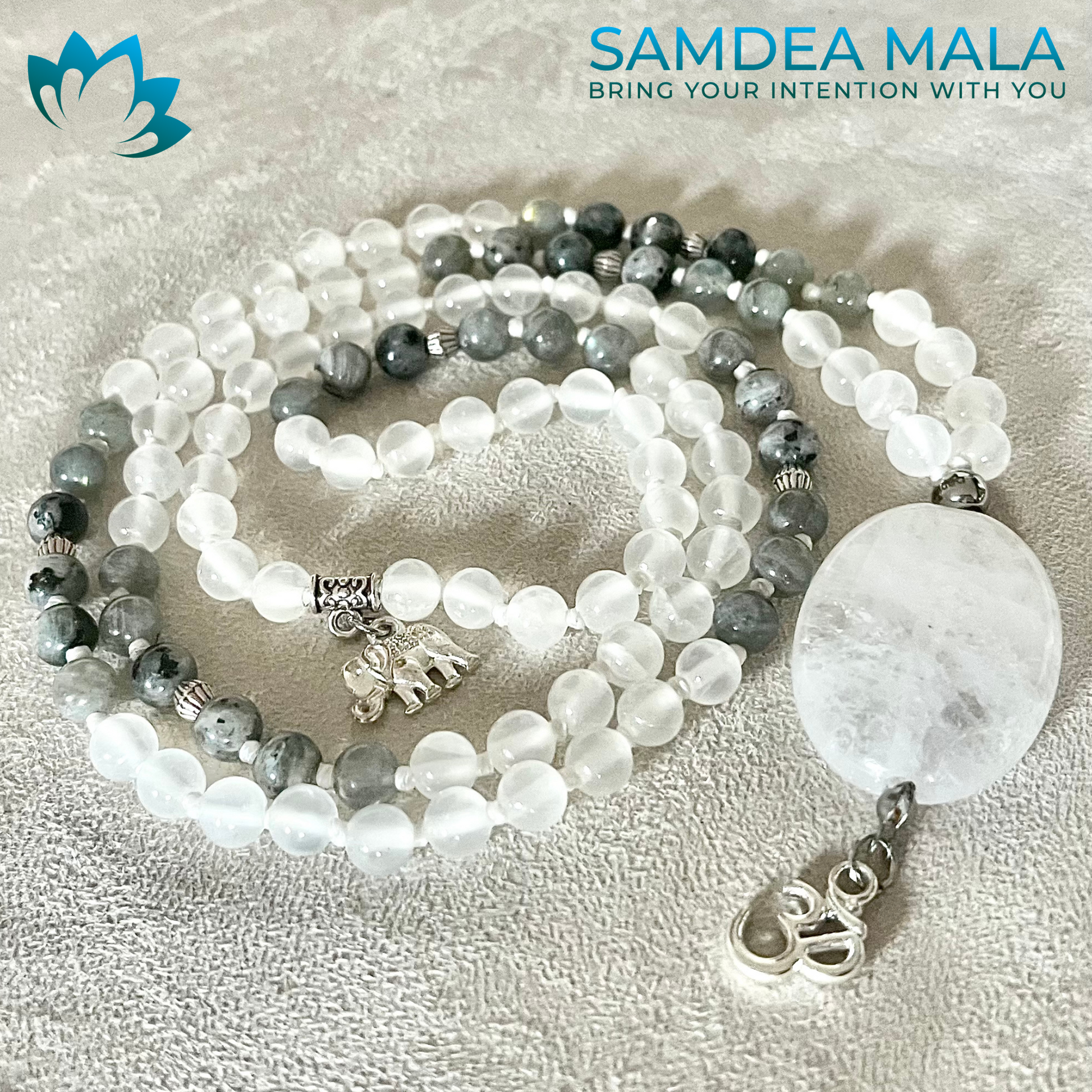 Mala in Selenite, Labradorite and Clear Quartz - 108 prayer beads mala necklace. Custom Mala for Meditation and protection with small om charm.