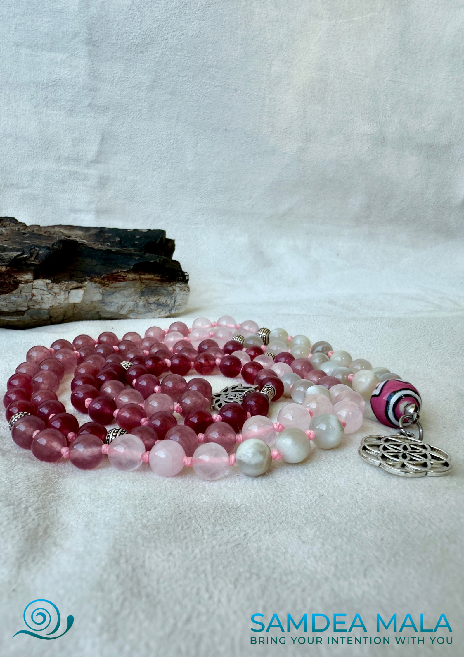 Moonstone mala for meditation, rose quartz, and strawberry quartz with ceramic meru bead, Seed of Life pendant. Feminine energy mala beads.  Meditation mala necklace for self-love, heart chakra and feminine connection.