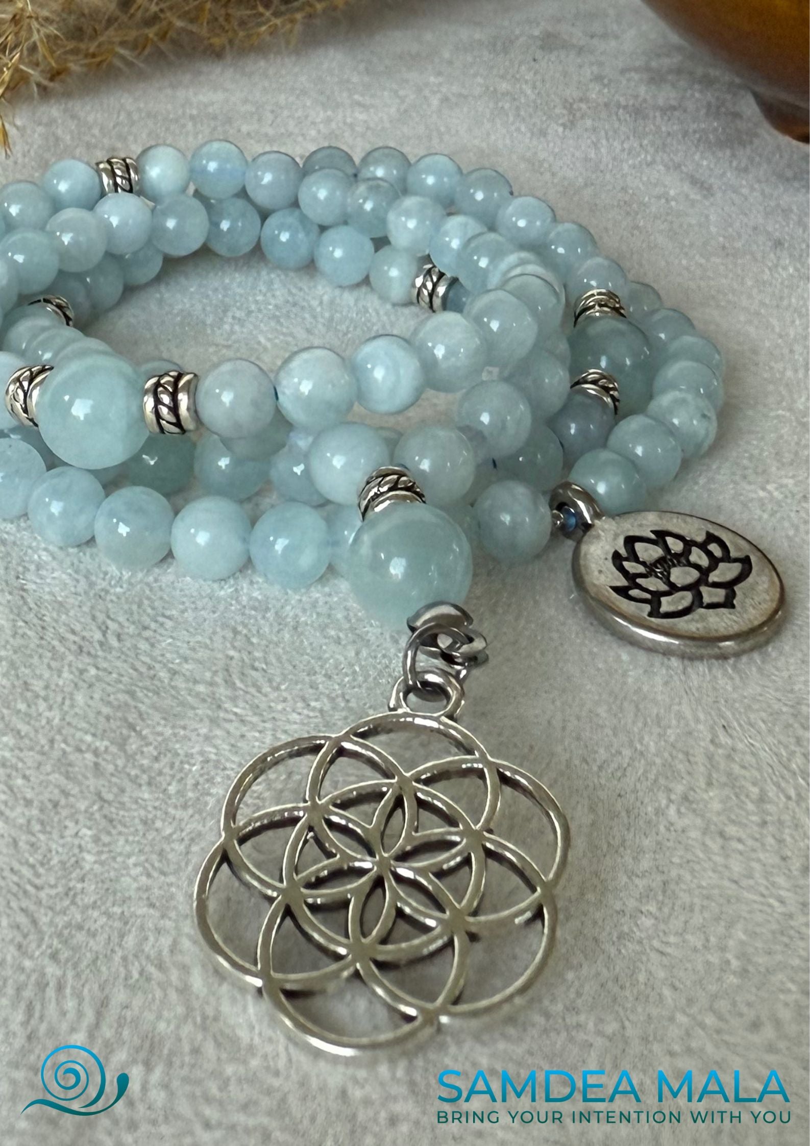 Close-up of natural aquamarine beads with lotus charm. Samdea Mala – mini mala with aquamarine and sacred geometry pendant, Mala for meditation, Mala necklace,  Custom mala beads, 108 prayer beads, Custom mala,