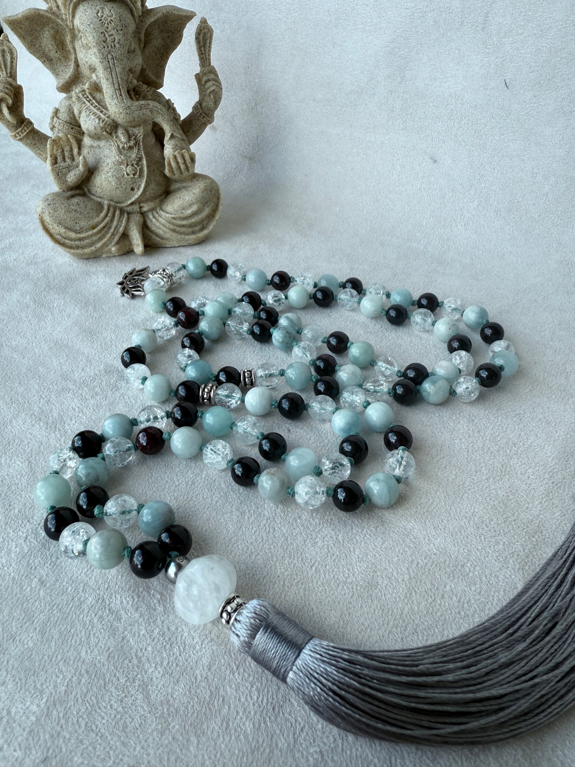 personalized mala necklace 40 inch hand knotted mala necklace for meditation gifts - Close-up of aquamarine beads on hand-knotted mala necklace for meditation
