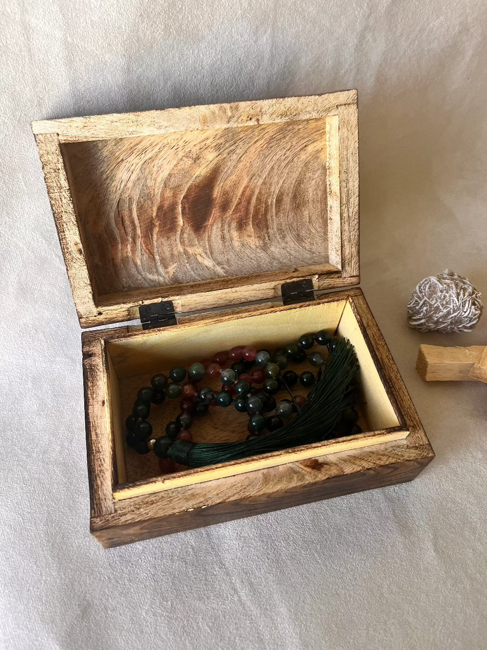 Open Carved Wooden Sacred Jewelry Box for storing sacred items, earth goodness or om design
