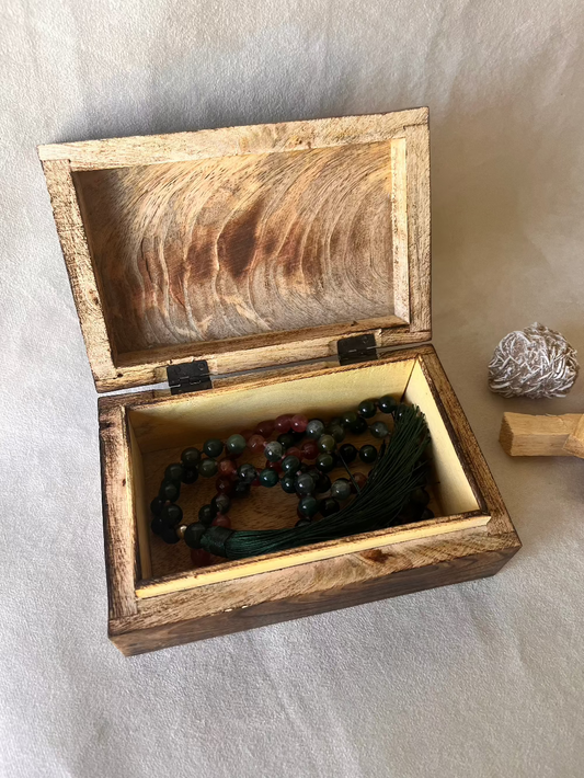 Open Carved Wooden Sacred Jewelry Box for storing sacred items, earth goodness or om design