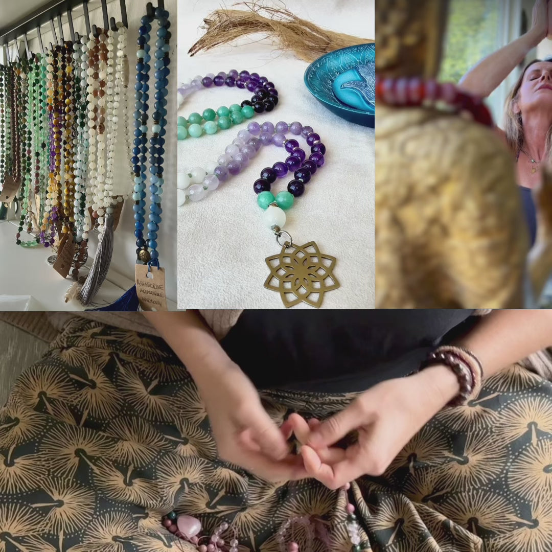 Video preview of Mala for letting go and emotional healing  – 108 bead necklace with amethyst, amazonite and jade - full view. Mala for Pisces Zodiac Sign. Buddha charm, seed of life pendant and lotus charm