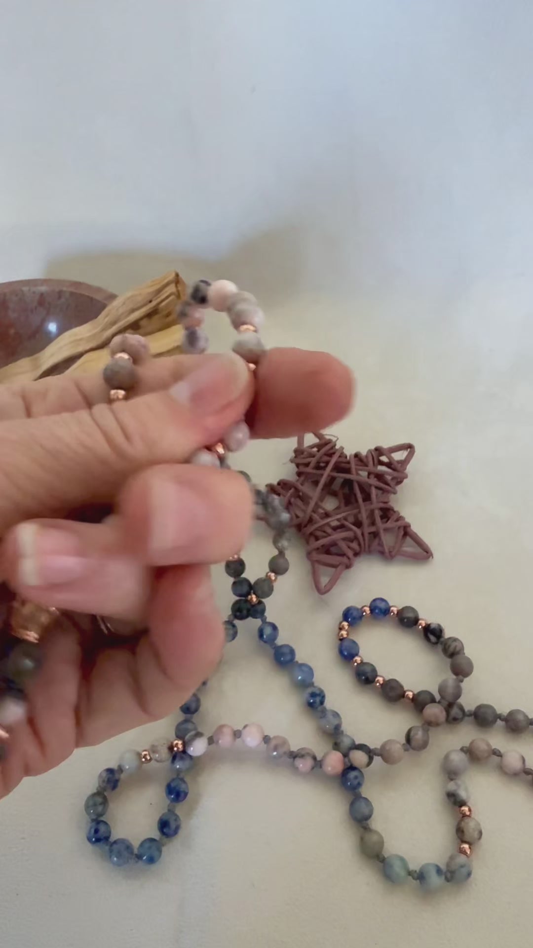 Video featuring handmade Zebra Jasper Mala Necklace: 108 Beads for Balance, Communication and Inner Strength