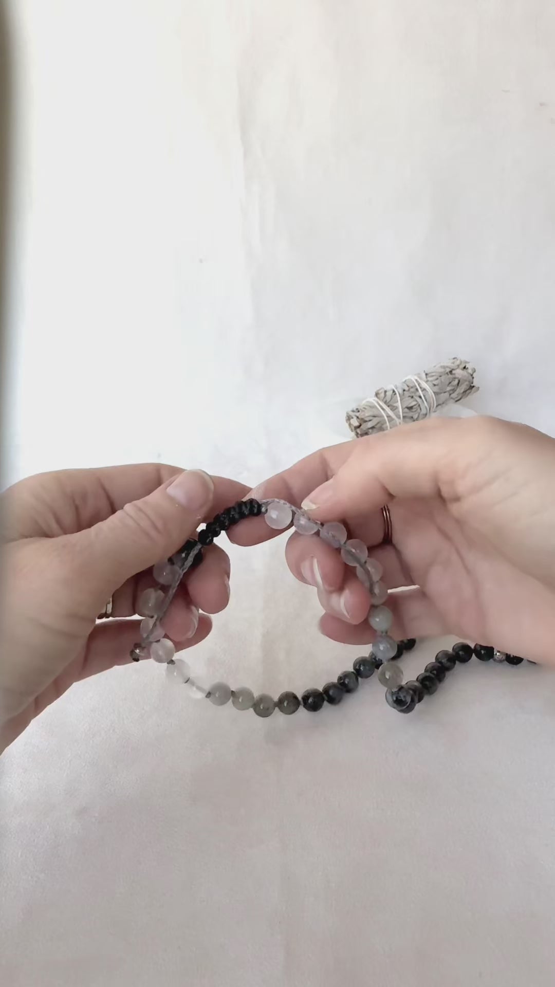 Video preview of Half Mala & Wrap Bracelet in Obsidian, Labradorite & Selenite – Custom Mala Beads Necklace Handmade - Samdea Mala