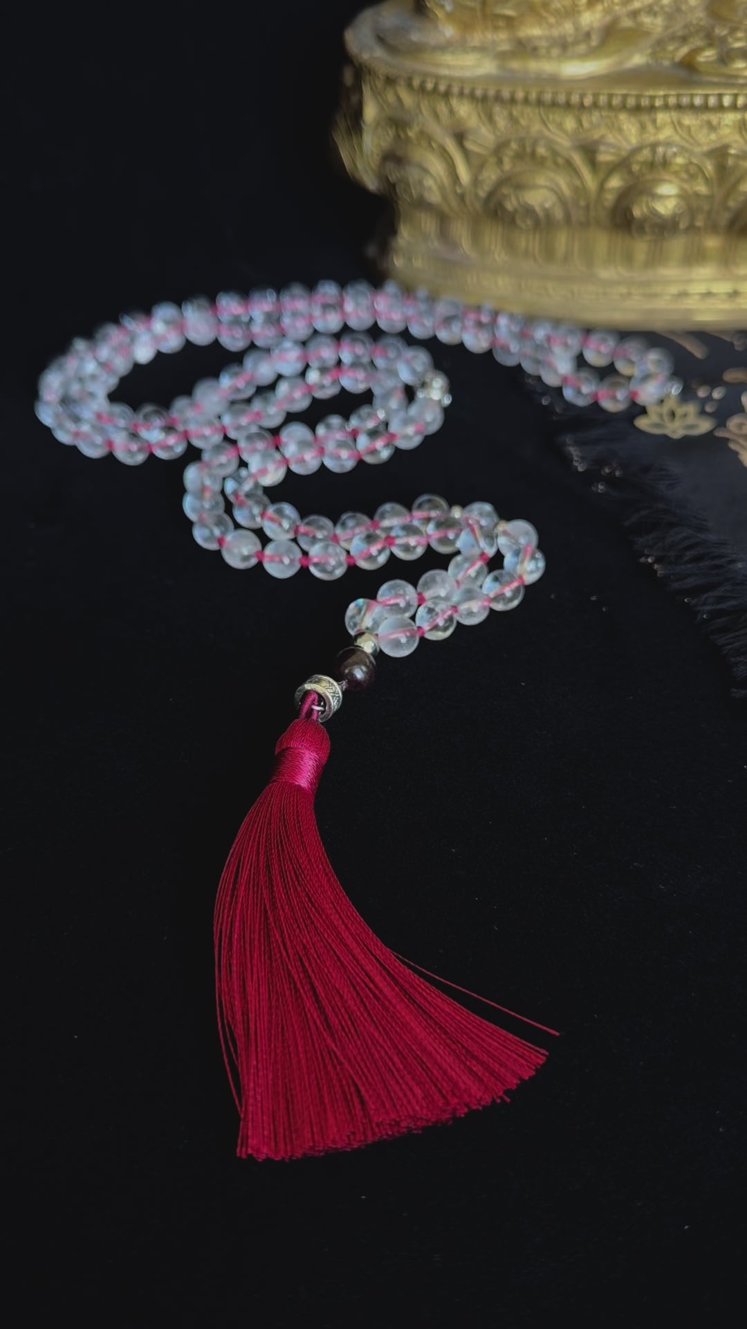 Video Preview of spiritual mala necklace and Buddha. Samdea Mala made of 108 clear quartz beads with garnet guru bead,
clear quartz mala beads for meditation and mantra recitation On mani Pamde Hum. Mala for meditation. Custom mala beads, 108 prayer beads, Custom mala, Spiritual gift
