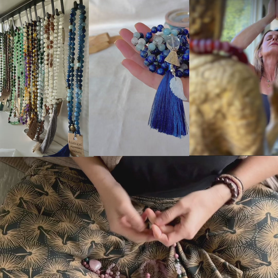 Video preview of Mala for meditation in lapis lazuli and aquamarina. Wisdom of the Sage – Piercing Illusion, Living Your Truth