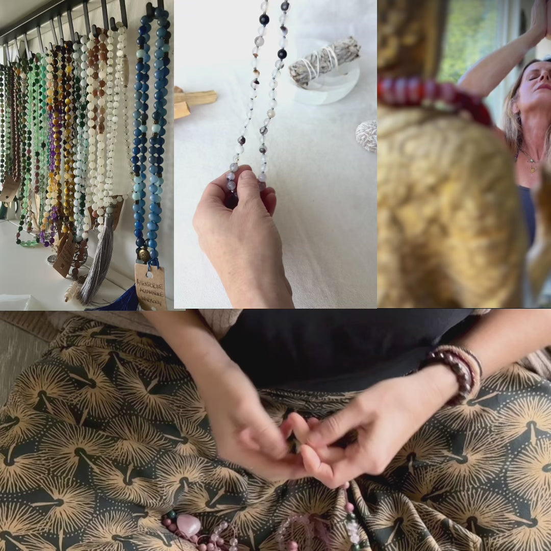close-up of Handmade mala beads necklace in Dendritic Agate, Black Tourmaline, and Lava Stone for protection and balance. Gemini Zodiac Sign Mala by Samdea Mala