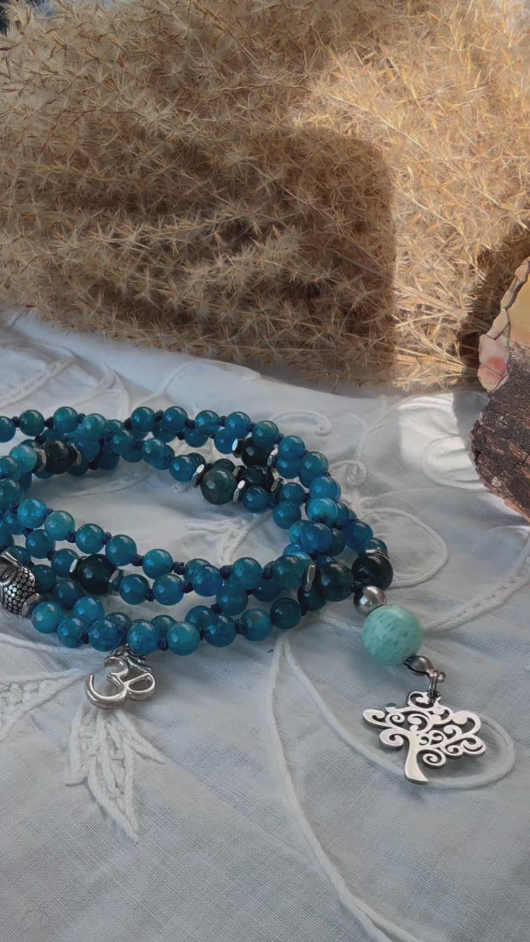 close-up video handmade mala in apatite for self confidence