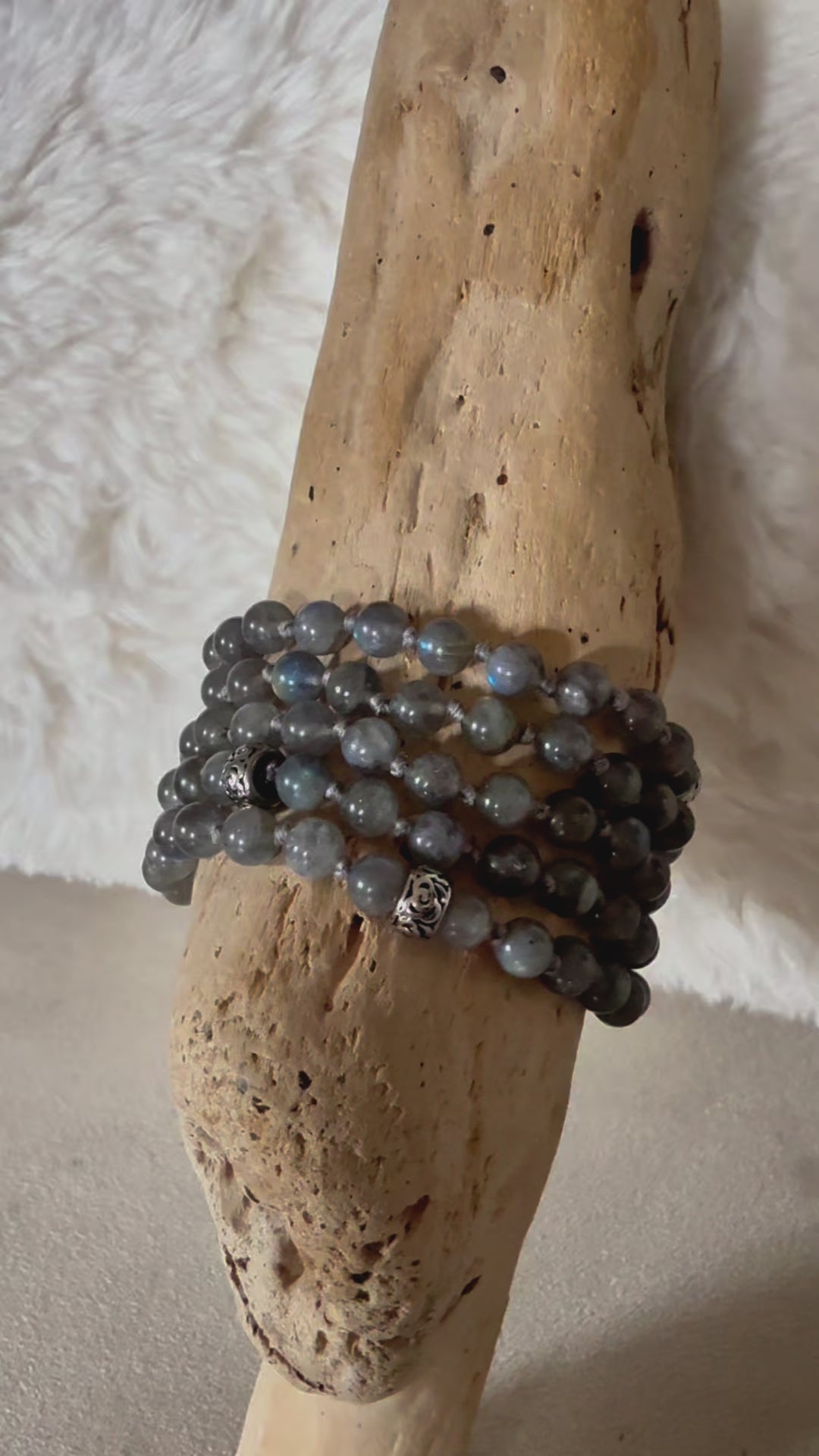 Video of Mala bracelet in Labradorite with natural gemstones – a custom spiritual bracelet for meditation, protection and emotional healing. Handmade.