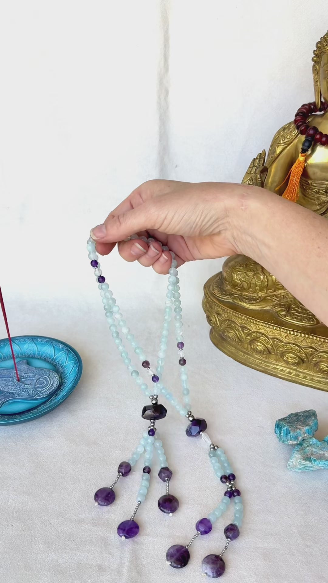 video preview of Soka Gakkai Japanese Buddhist juzu, handmade prayer beads for Daimoku chanting and meditation. Nam Myoho Renge Kyo SGI - with amethyst and aquamarine. Samdea Mala